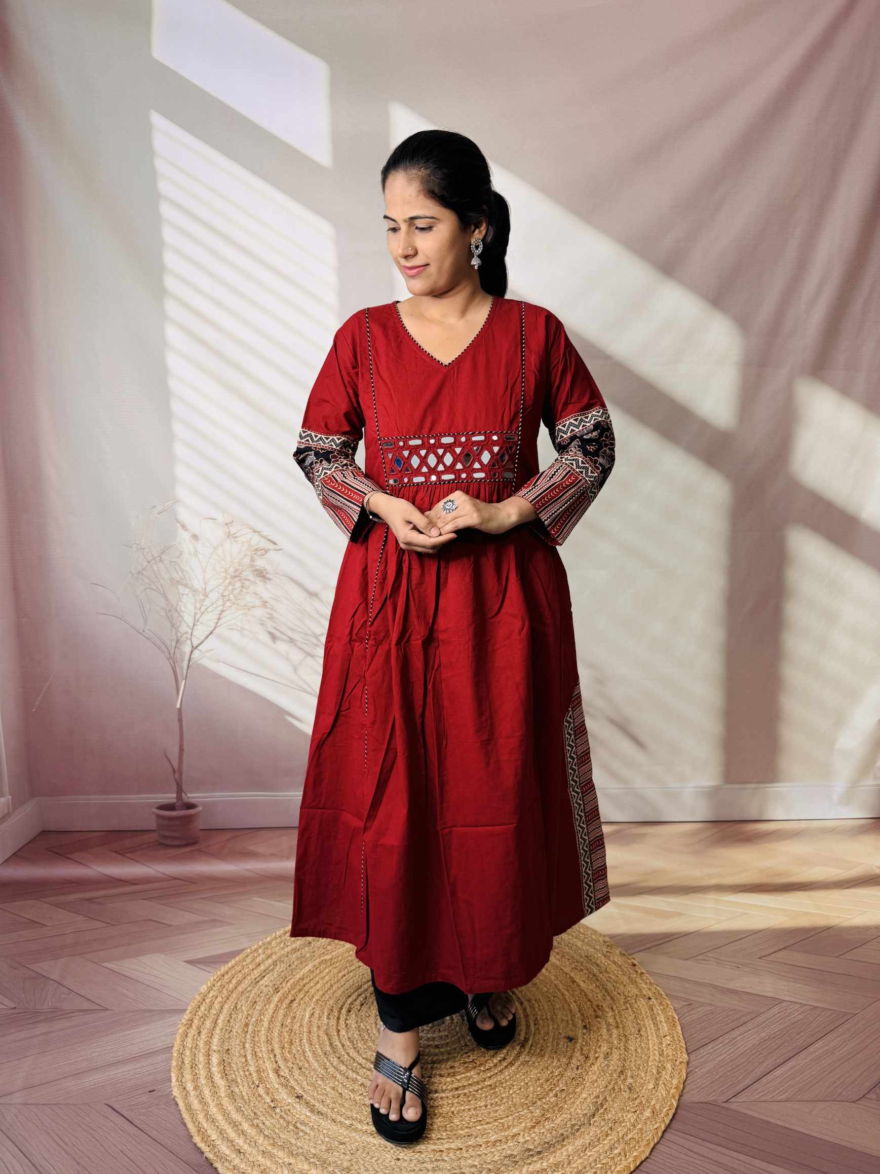 Kasis Ajarakh Plain Mirror Long Kurti/One Piece