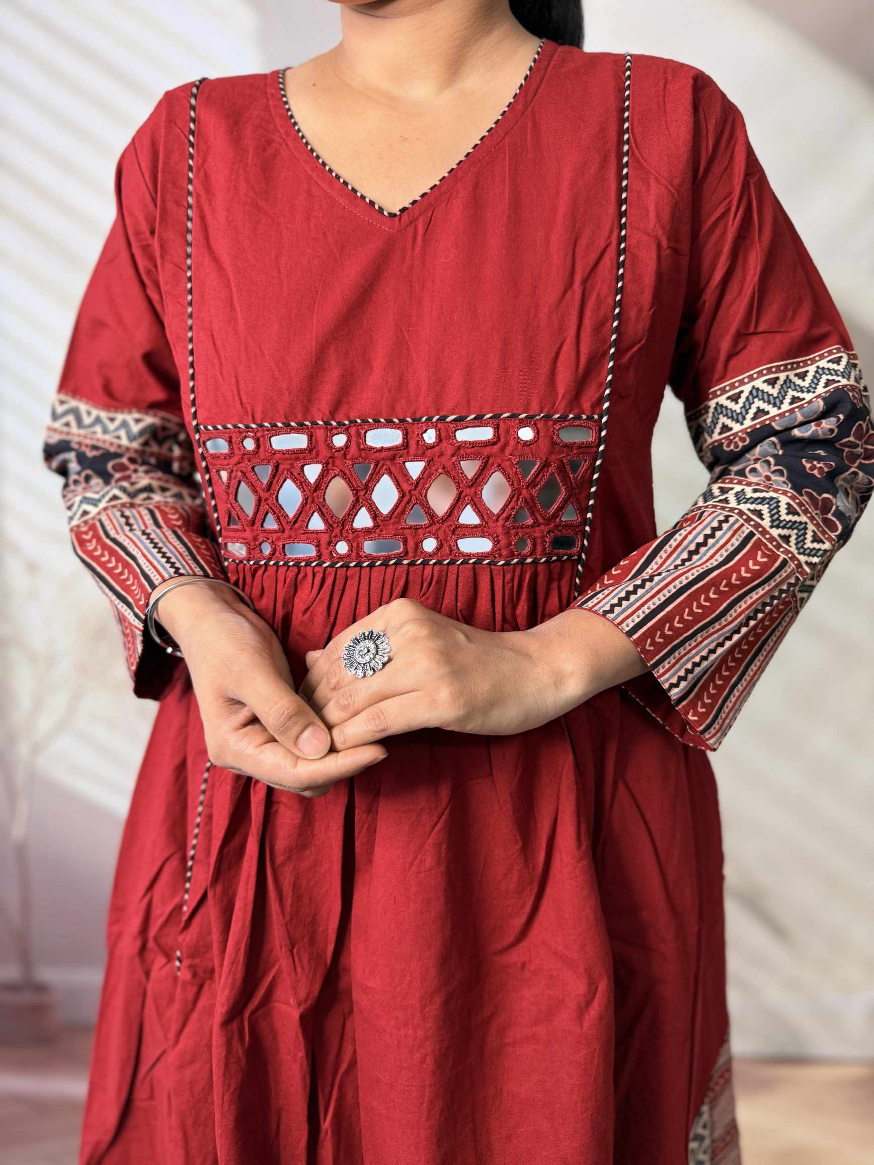 Kasis Ajarakh Plain Mirror Long Kurti/One Piece