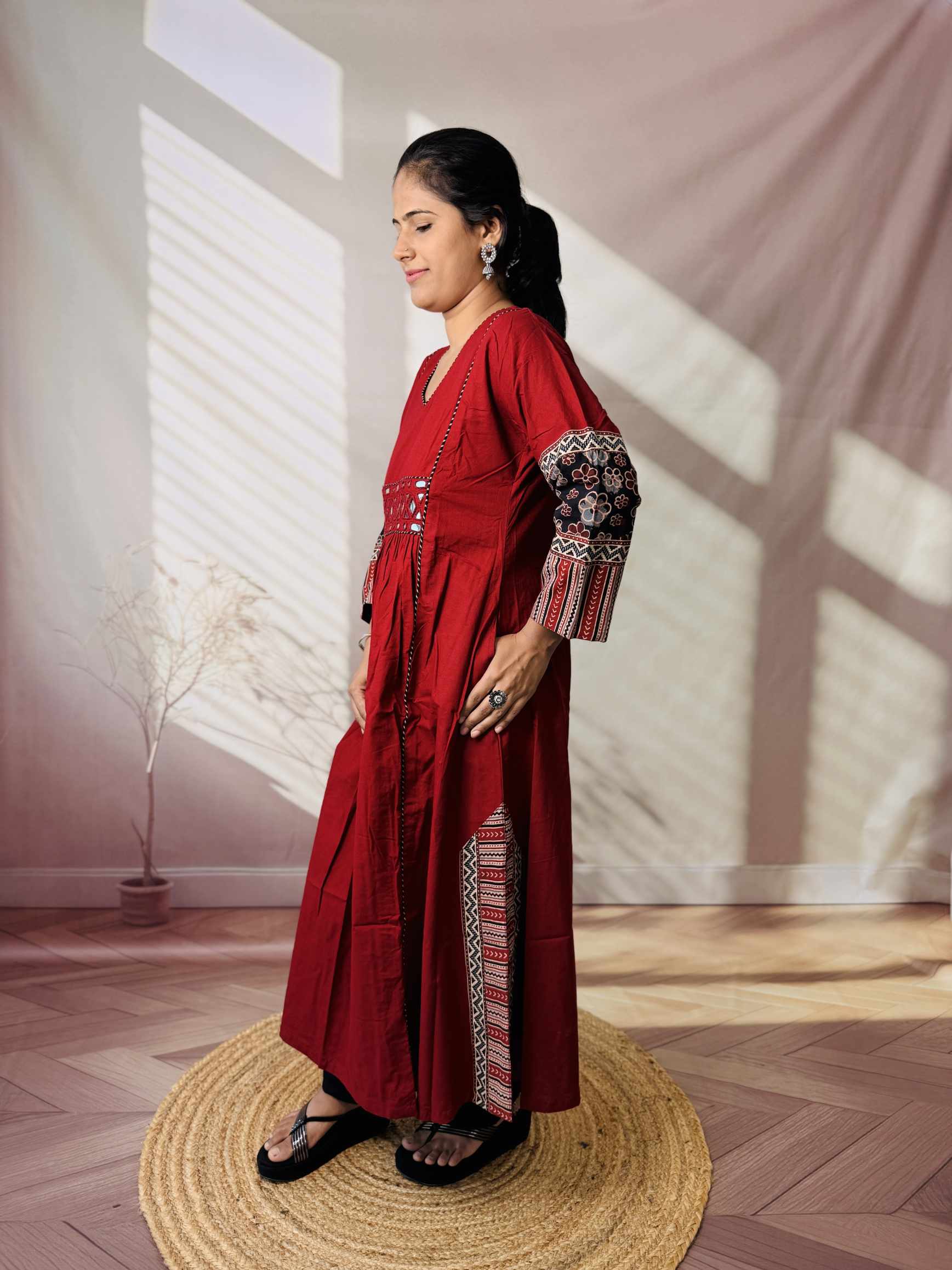 Kasis Ajarakh Plain Mirror Long Kurti/One Piece