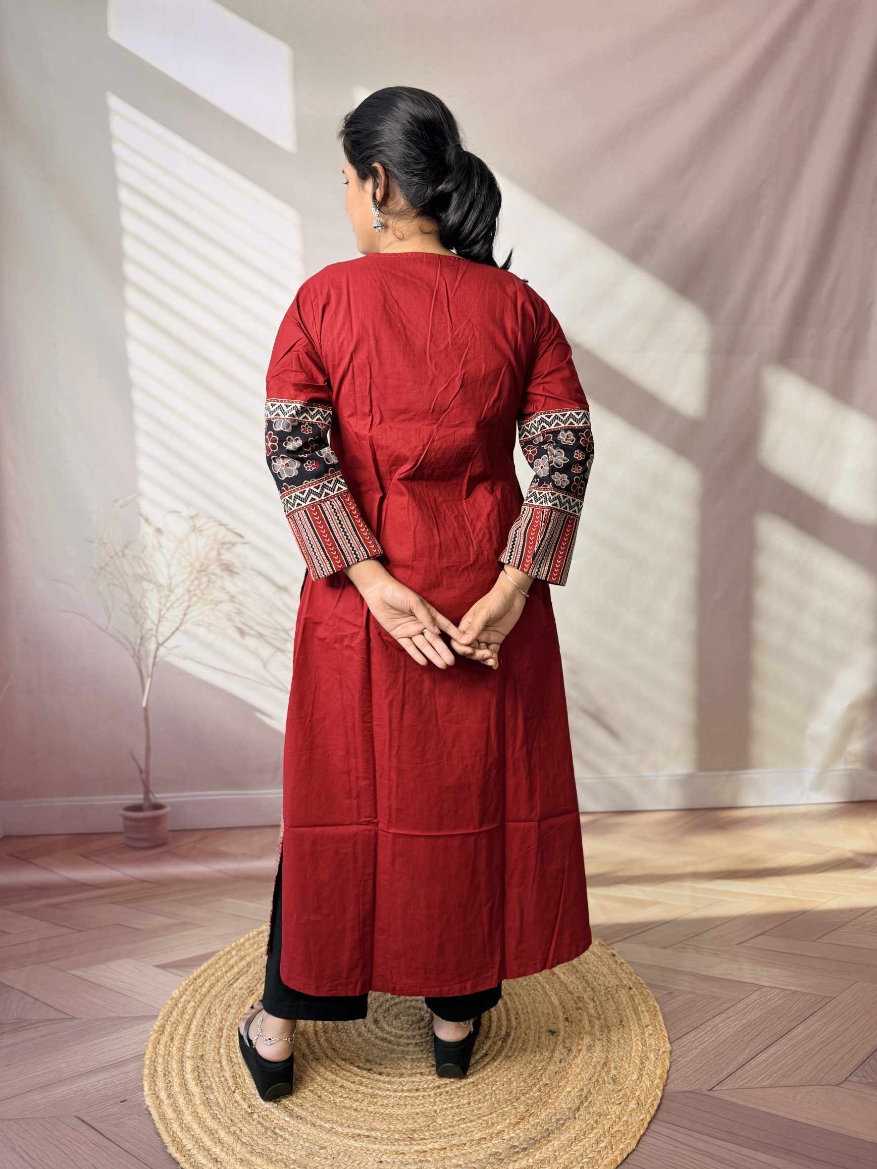 Kasis Ajarakh Plain Mirror Long Kurti/One Piece