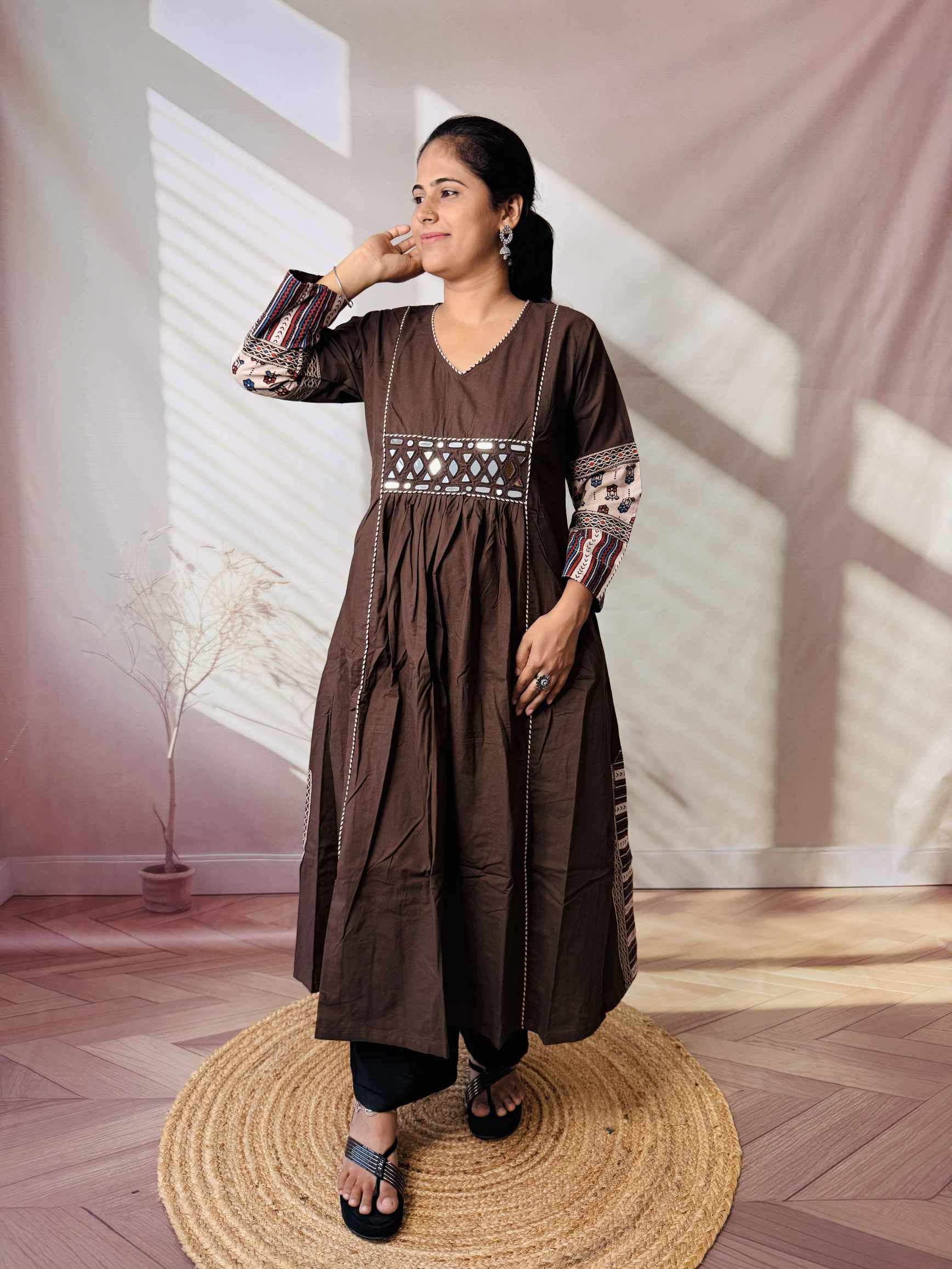 Kasis Ajarakh Plain Mirror Long Kurti/One Piece