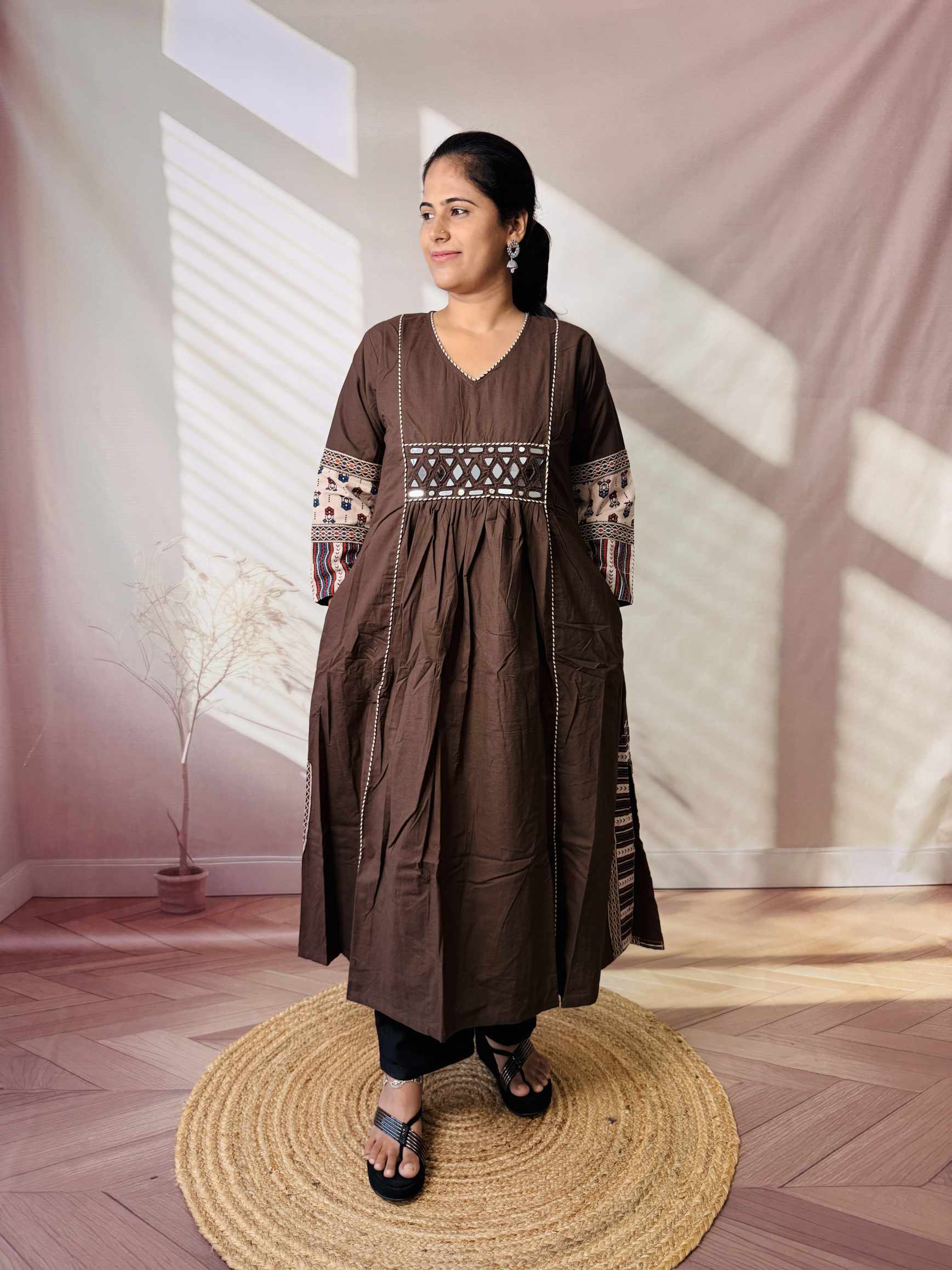Kasis Ajarakh Plain Mirror Long Kurti/One Piece