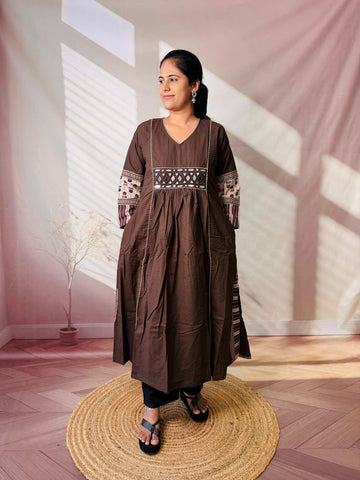 Kasis Ajarakh Plain Mirror Long Kurti/One Piece