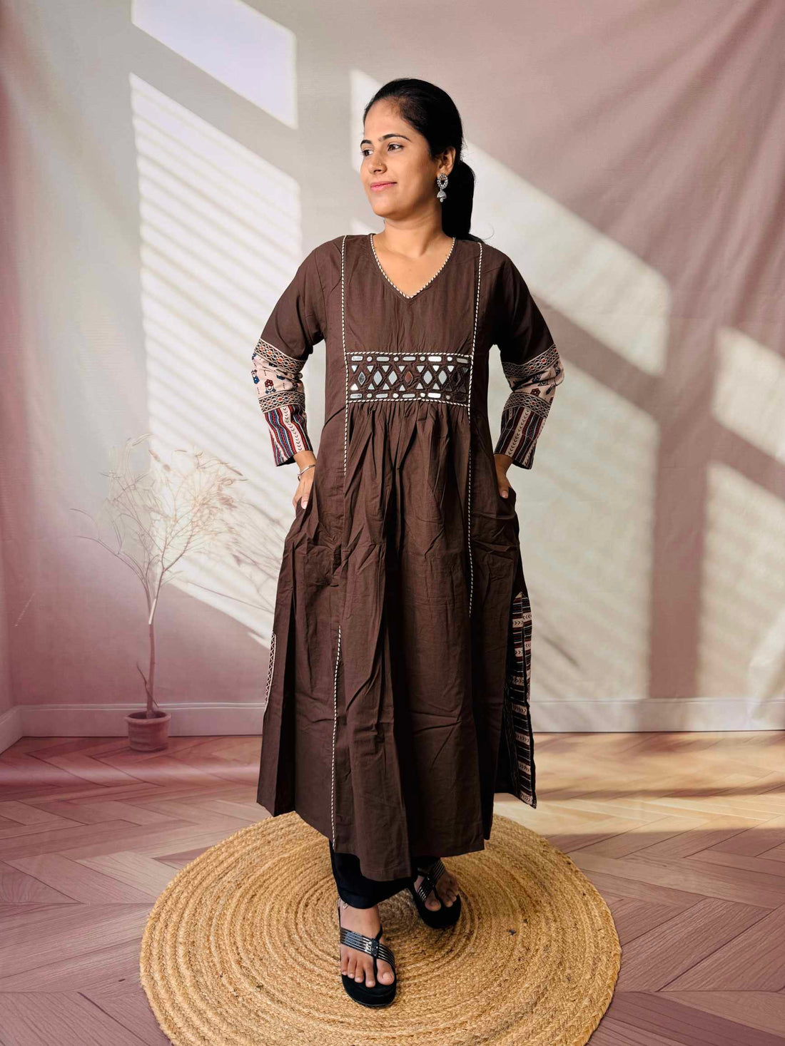 Kasis Ajarakh Plain Mirror Long Kurti/One Piece