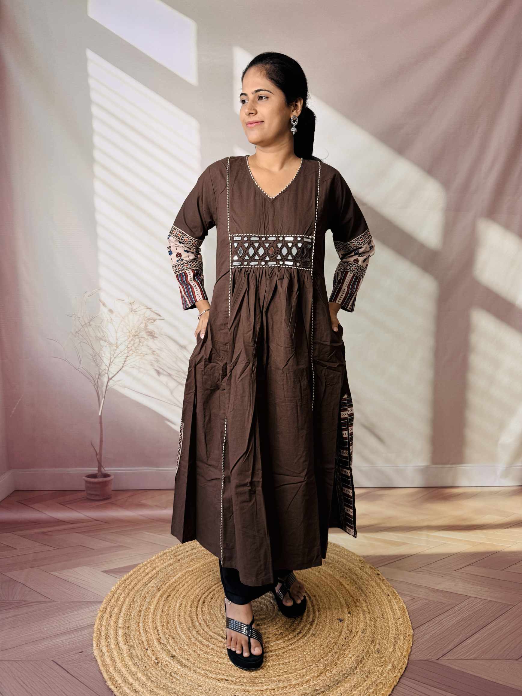 Kasis Ajarakh Plain Mirror Long Kurti/One Piece