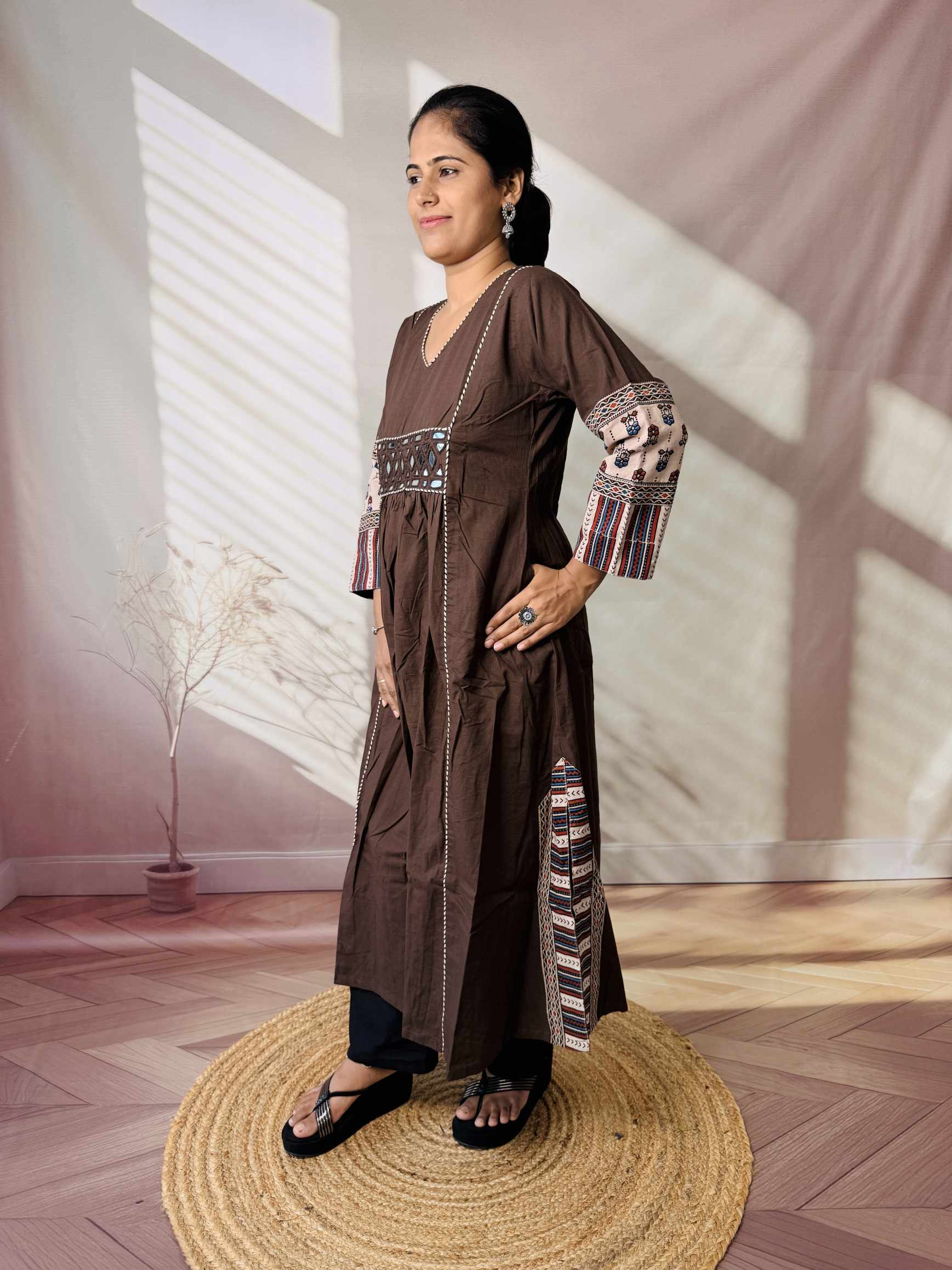 Kasis Ajarakh Plain Mirror Long Kurti/One Piece