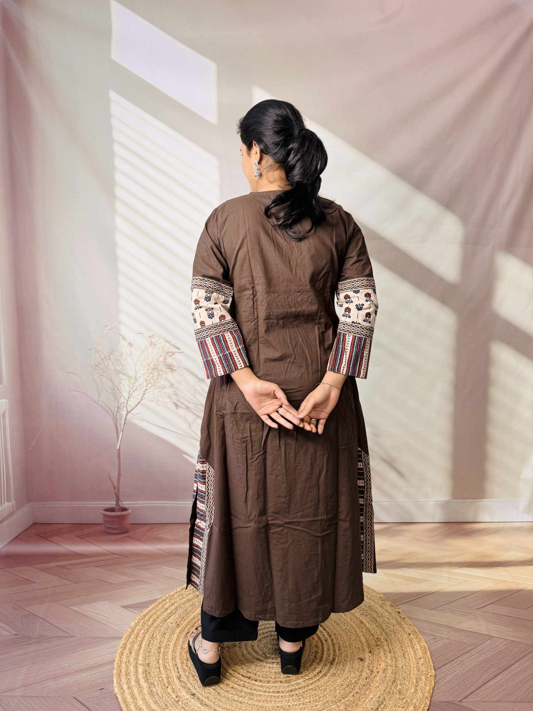 Kasis Ajarakh Plain Mirror Long Kurti/One Piece