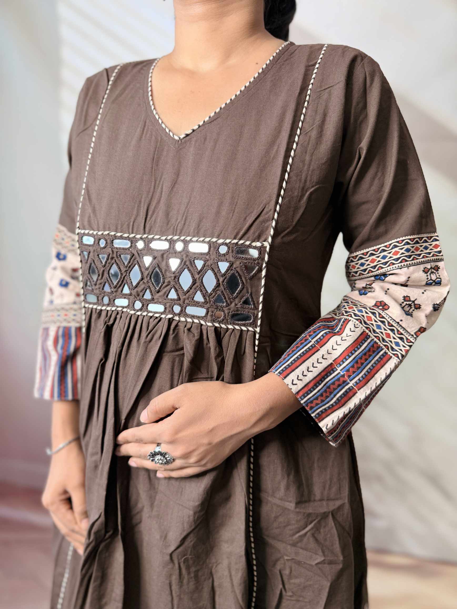 Kasis Ajarakh Plain Mirror Long Kurti/One Piece