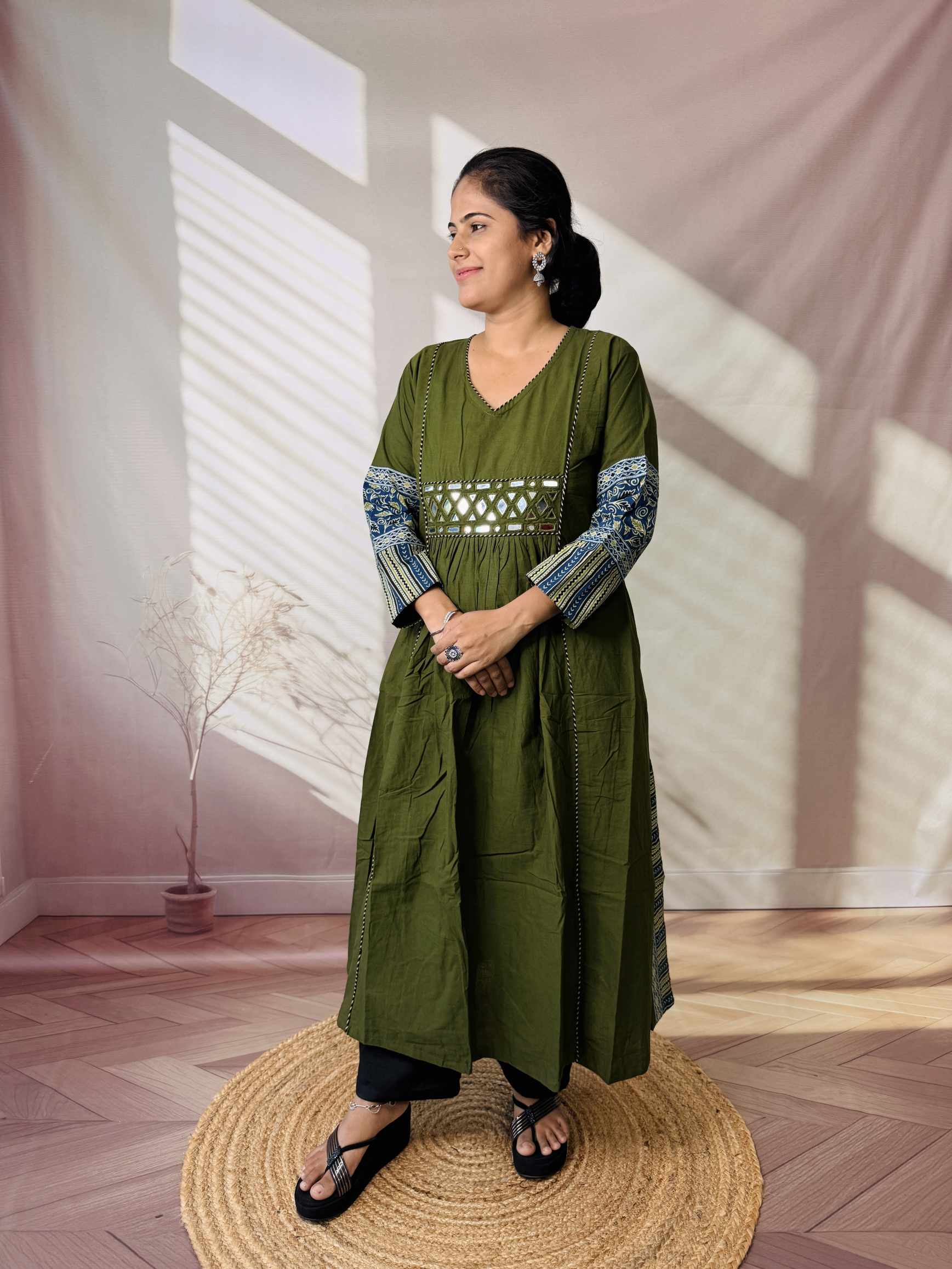 Kasis Ajarakh Plain Mirror Long Kurti/One Piece
