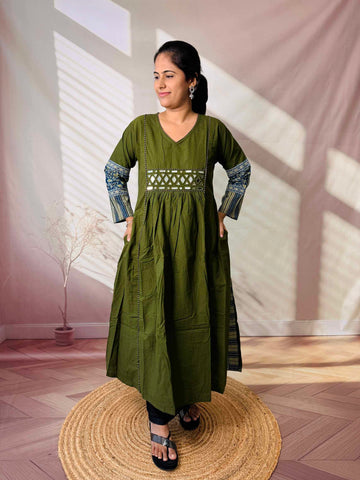 Kasis Ajarakh Plain Mirror Long Kurti/One Piece