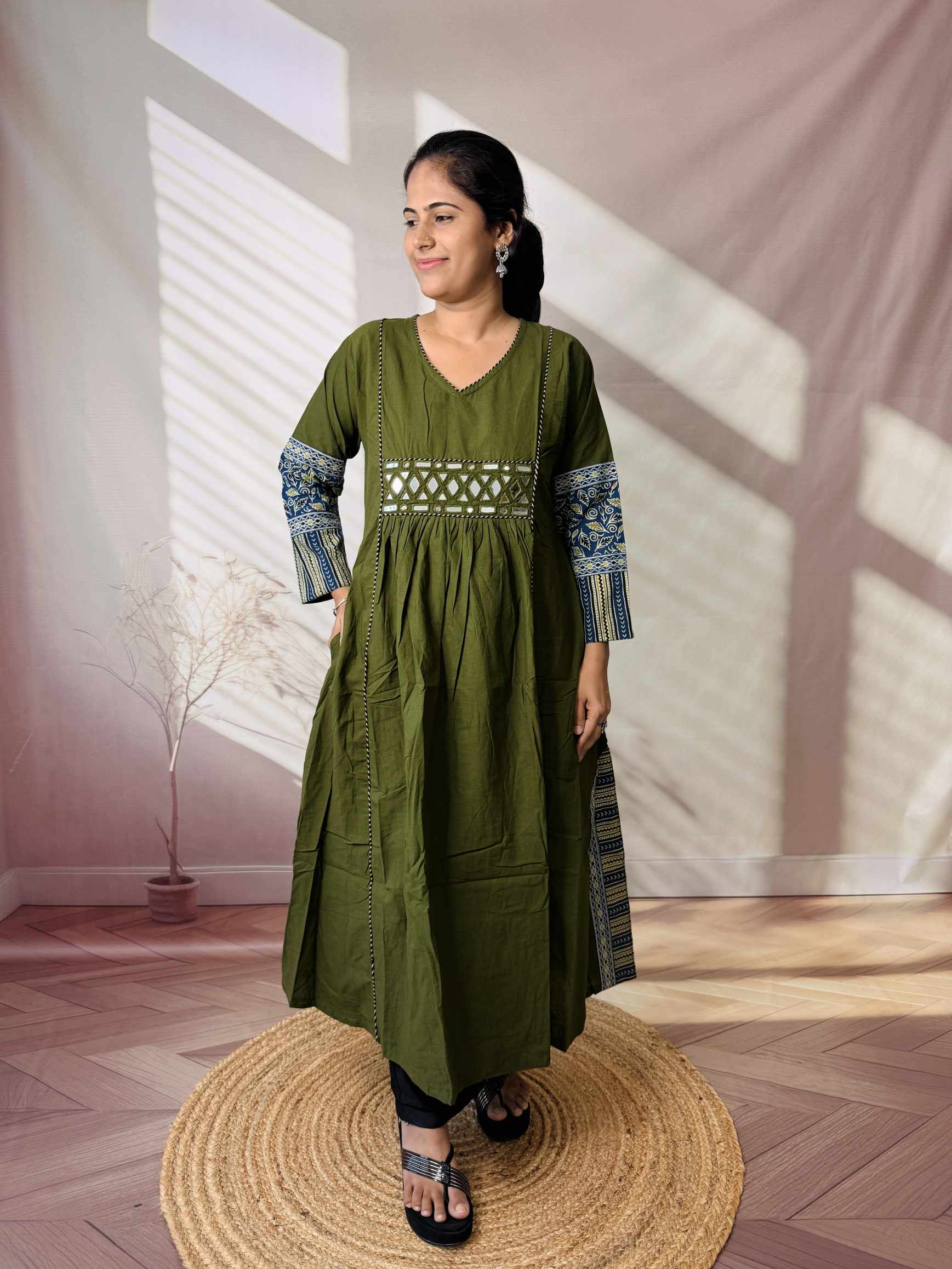 Kasis Ajarakh Plain Mirror Long Kurti/One Piece