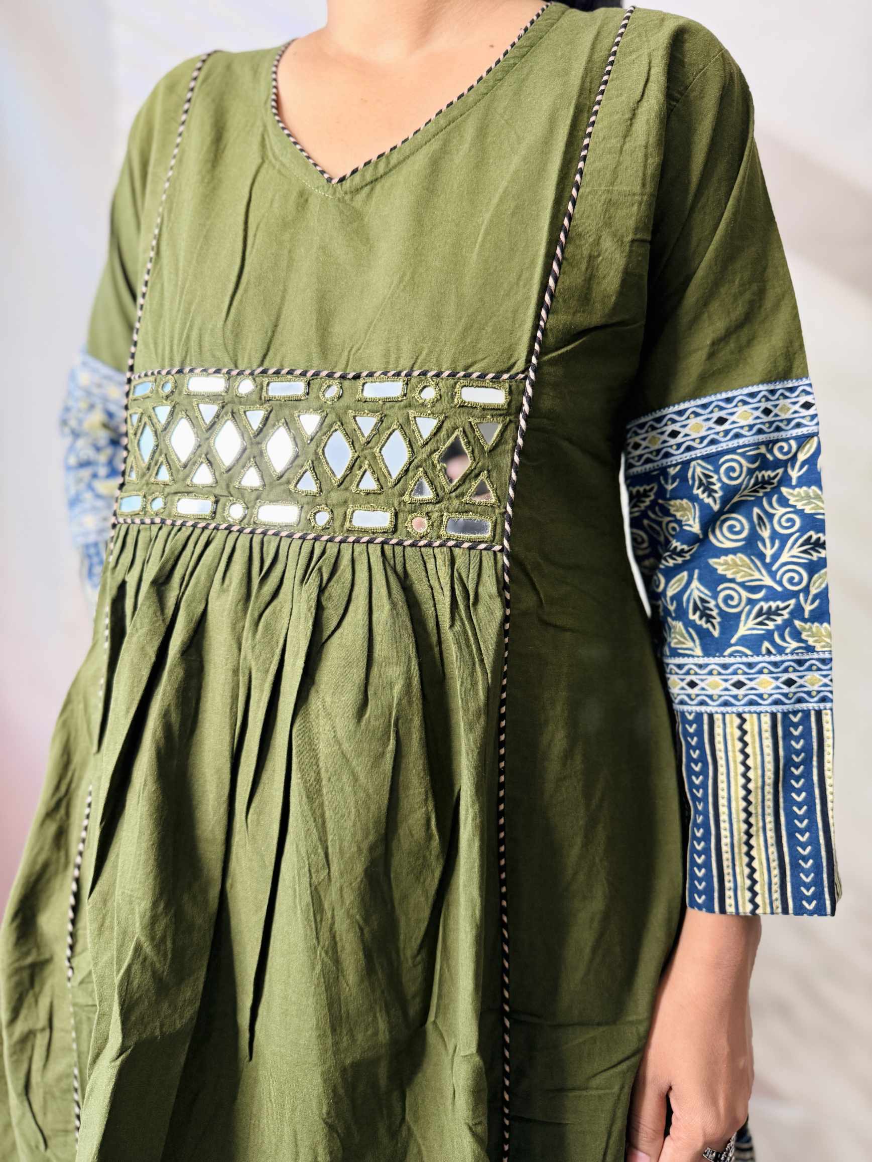Kasis Ajarakh Plain Mirror Long Kurti/One Piece