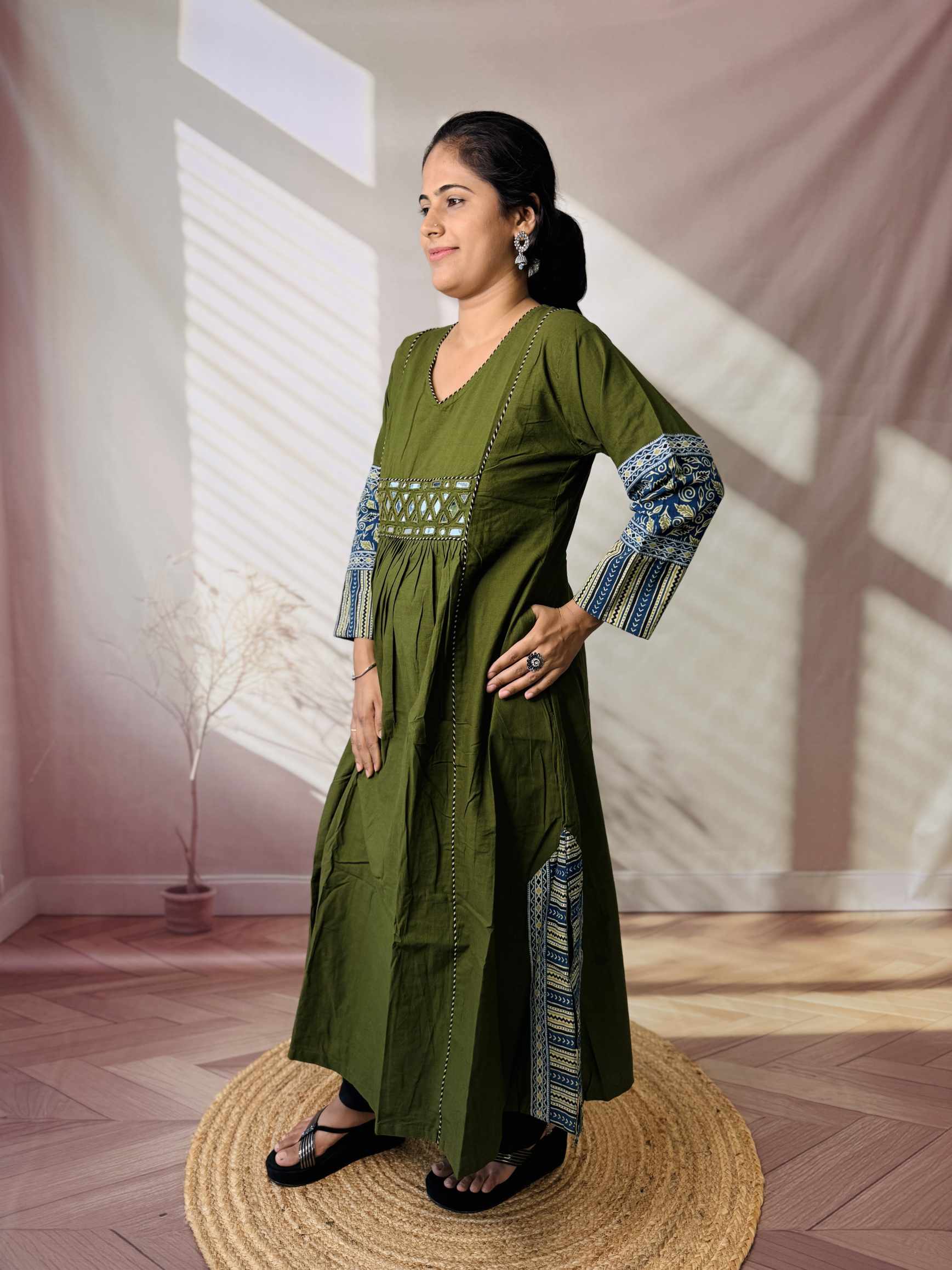 Kasis Ajarakh Plain Mirror Long Kurti/One Piece