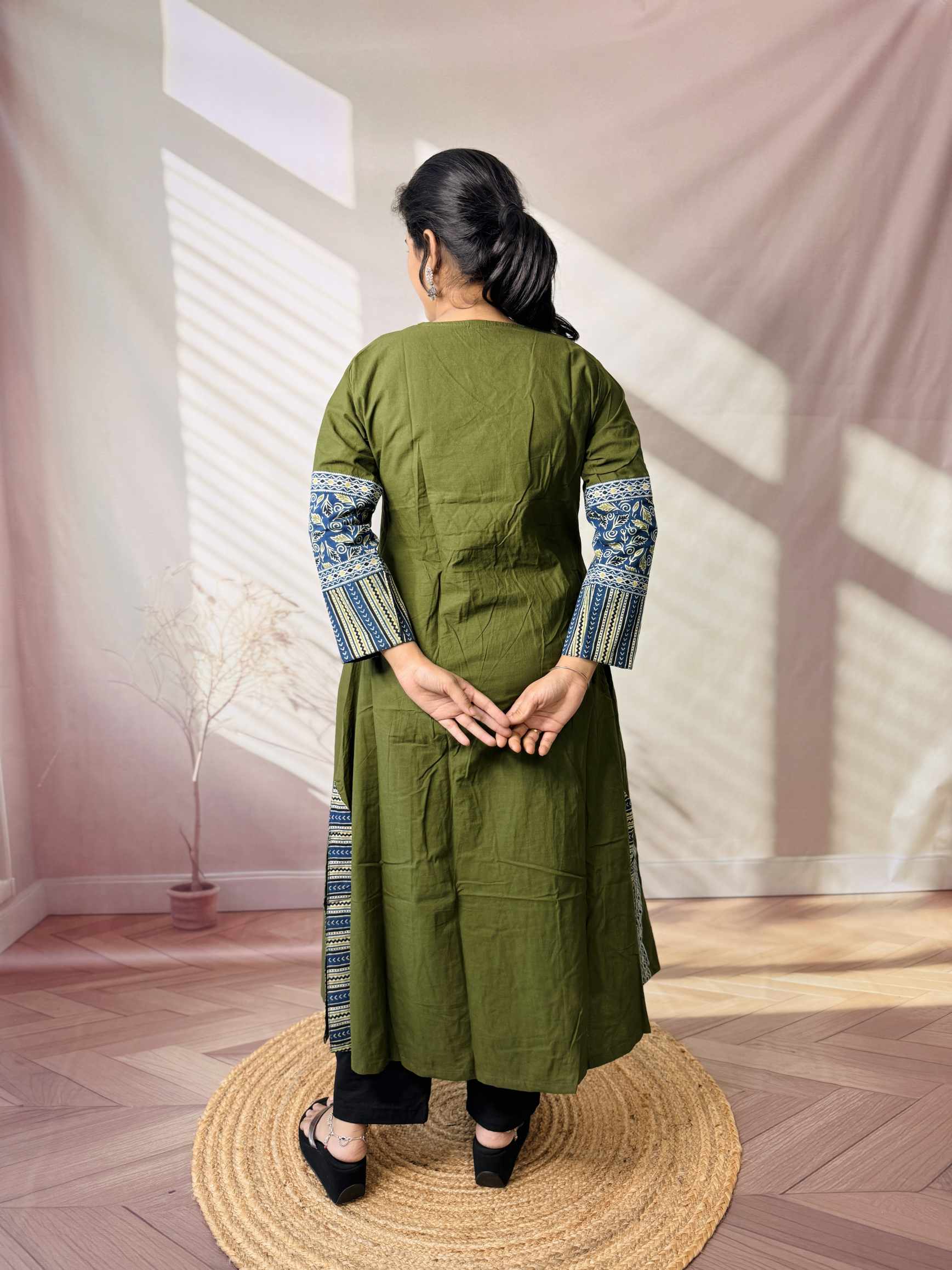 Kasis Ajarakh Plain Mirror Long Kurti/One Piece