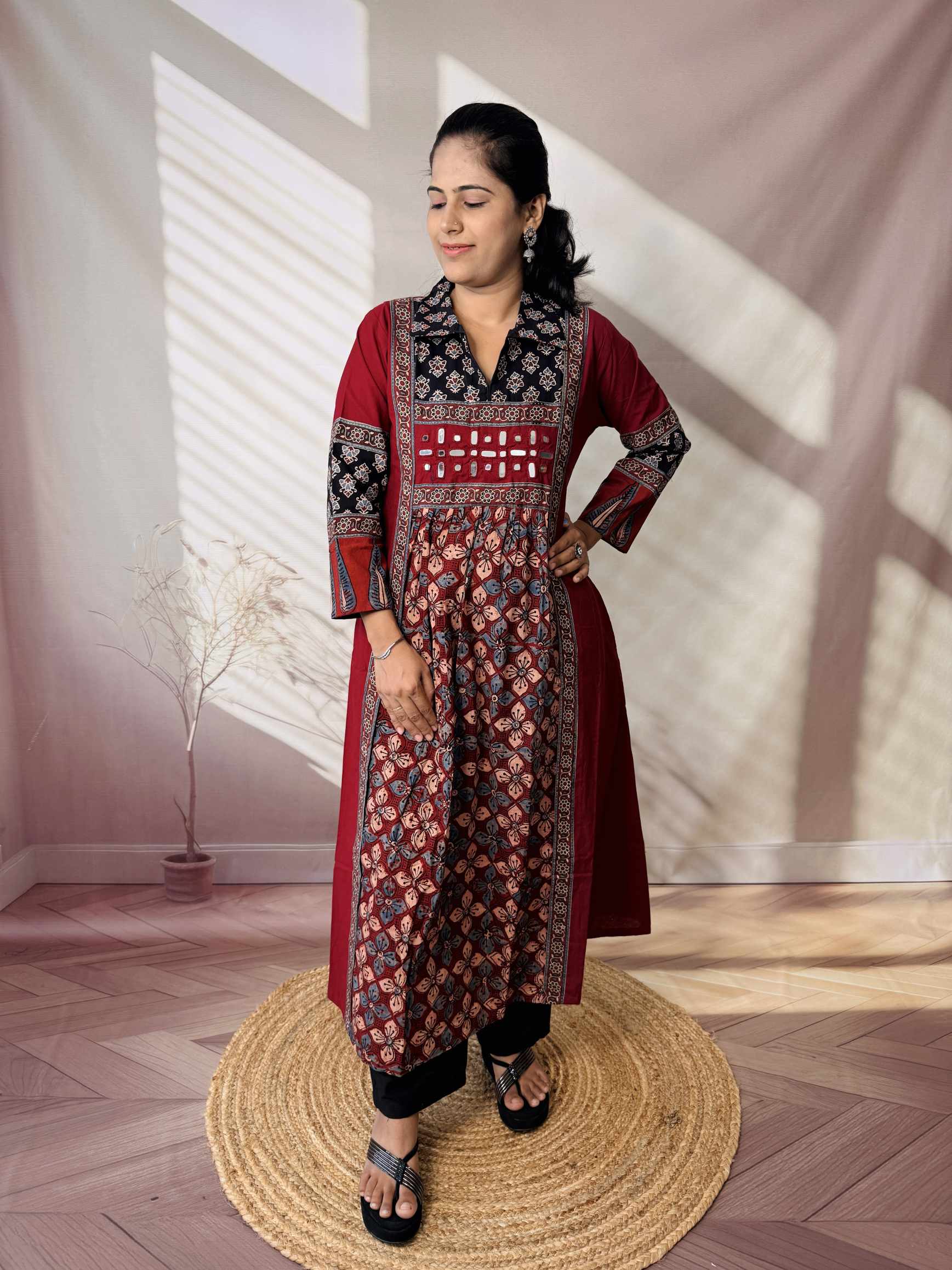 Riya Ajarakh Plain Mirror & Collar Cotton  Long Kurti/One Piece