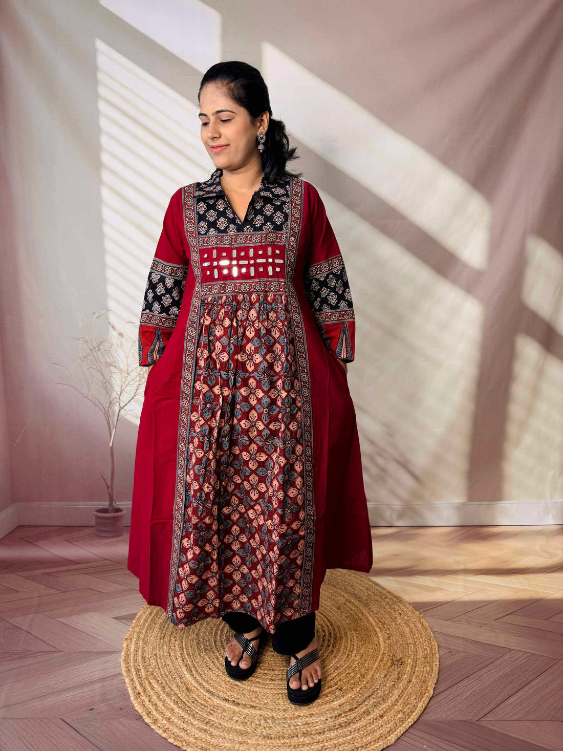 Riya Ajarakh Plain Mirror & Collar Cotton  Long Kurti/One Piece