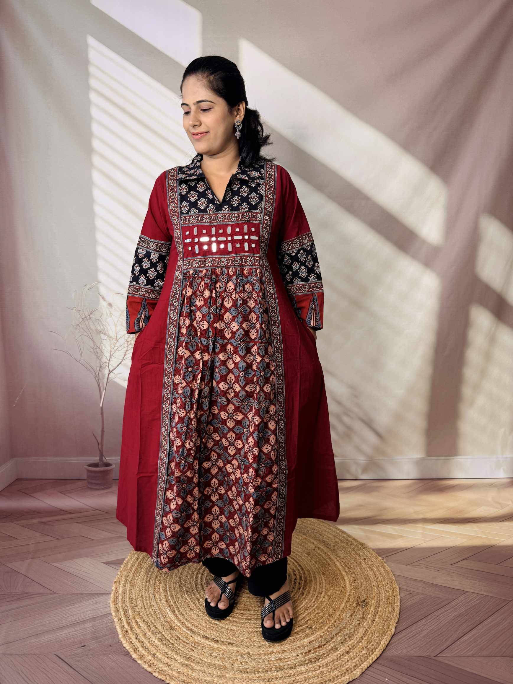 Riya Ajarakh Plain Mirror & Collar Cotton  Long Kurti/One Piece