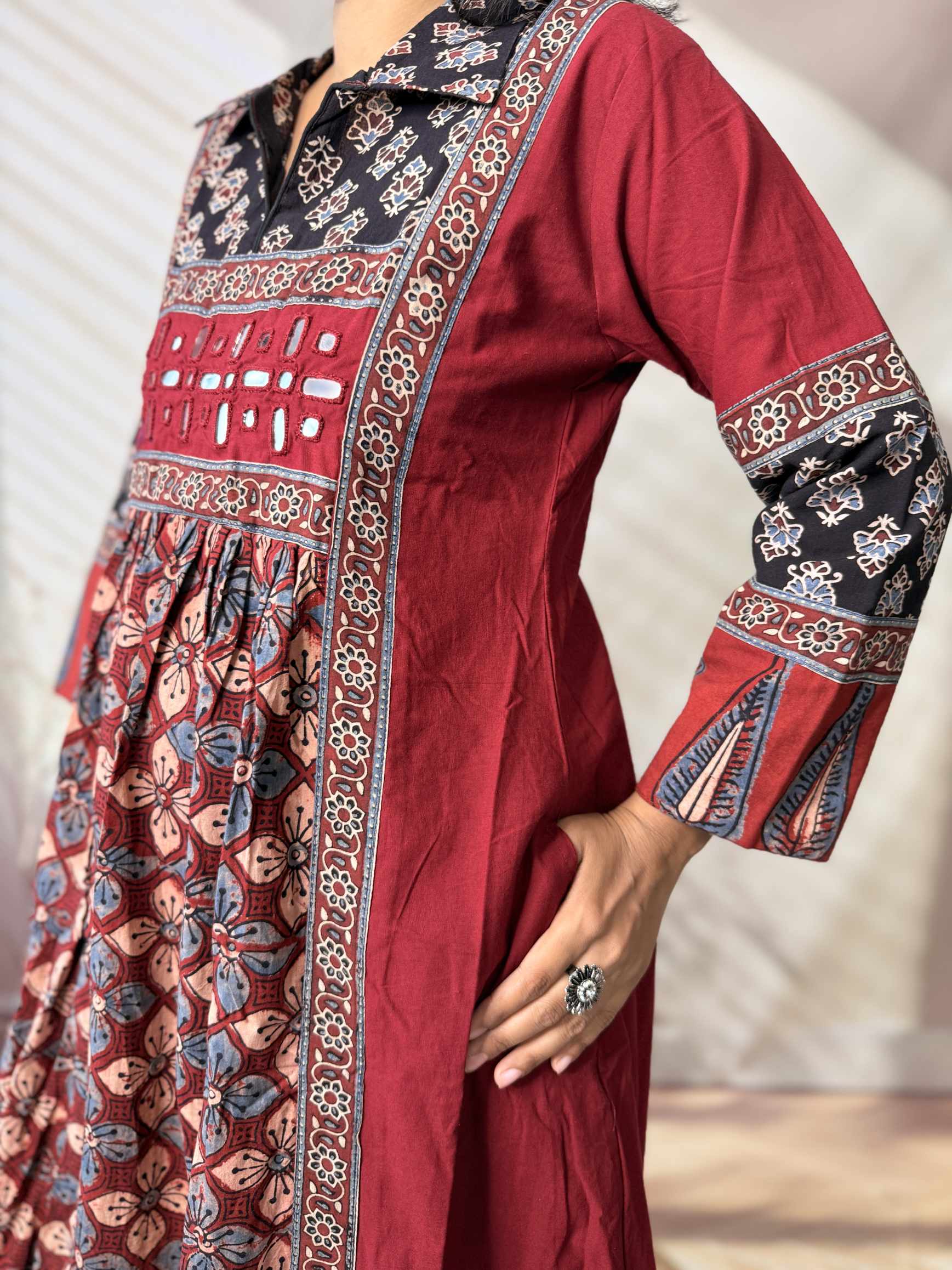 Riya Ajarakh Plain Mirror & Collar Cotton  Long Kurti/One Piece