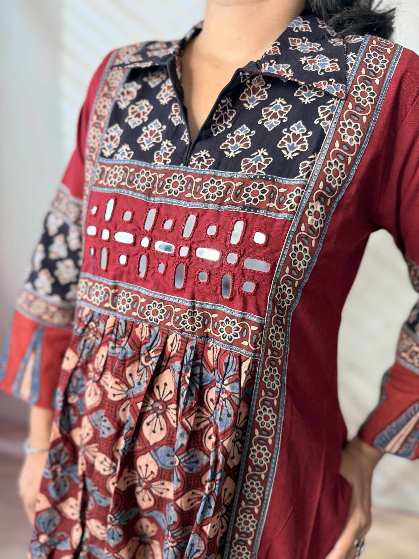 Riya Ajarakh Plain Mirror & Collar Cotton  Long Kurti/One Piece