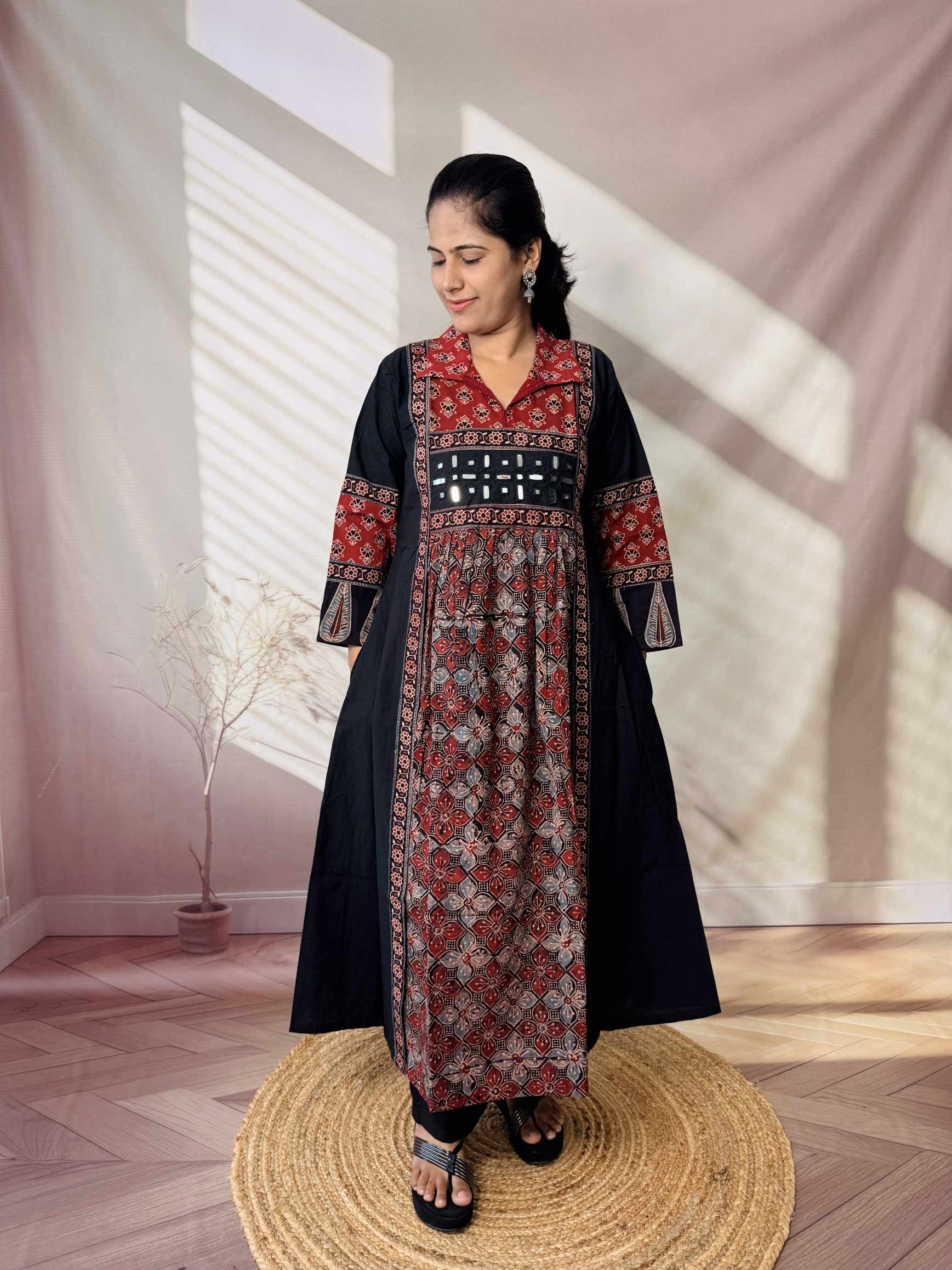 Riya Ajarakh Plain Mirror & Collar Cotton  Long Kurti/One Piece