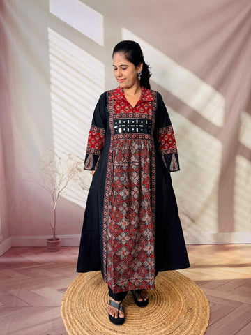 Riya Ajarakh Plain Mirror & Collar Cotton  Long Kurti/One Piece