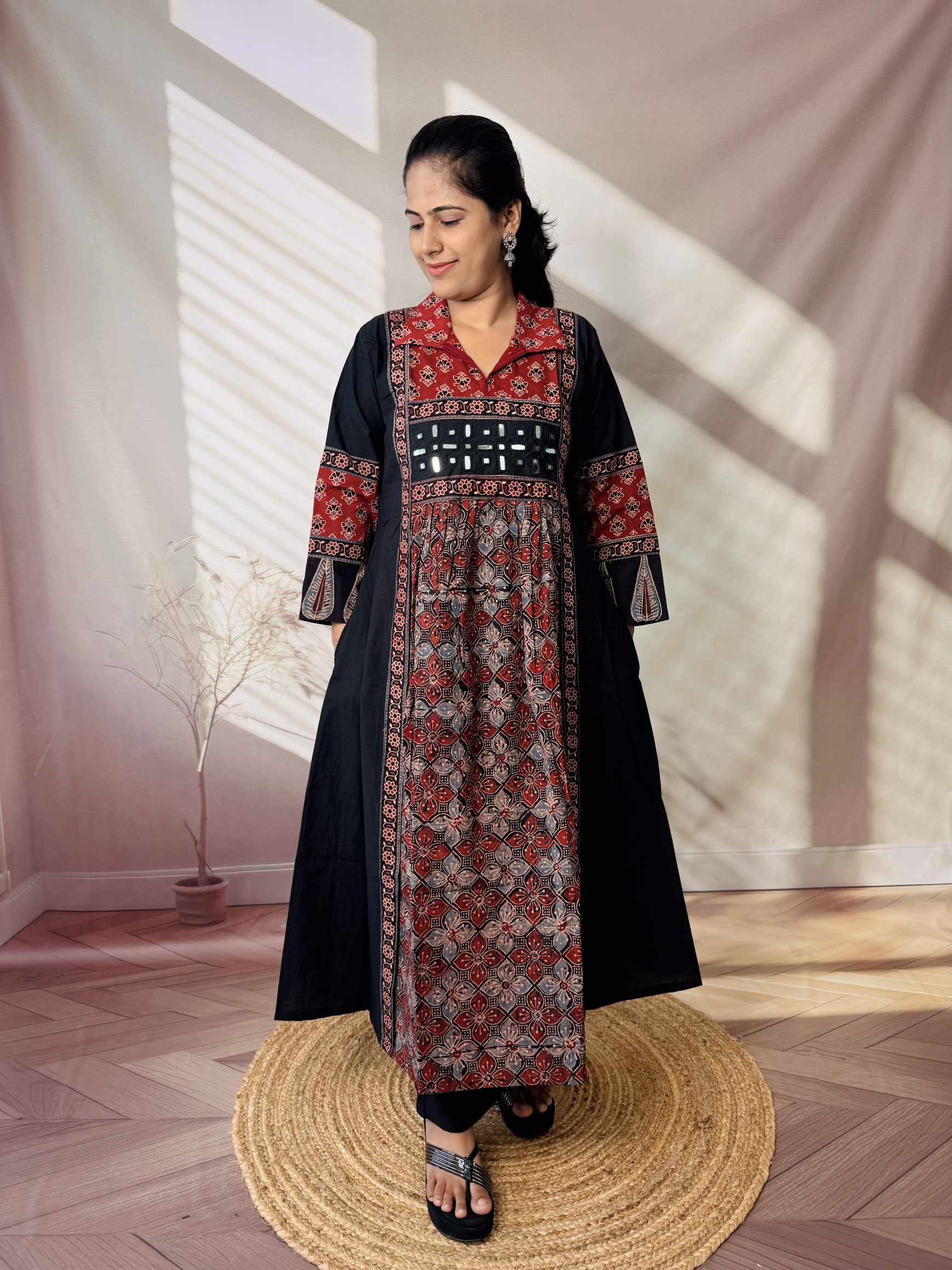 Riya Ajarakh Plain Mirror & Collar Cotton  Long Kurti/One Piece