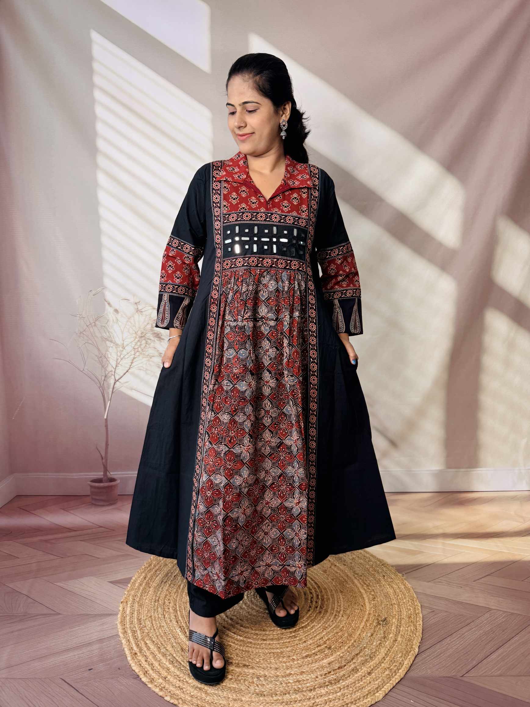Riya Ajarakh Plain Mirror & Collar Cotton  Long Kurti/One Piece