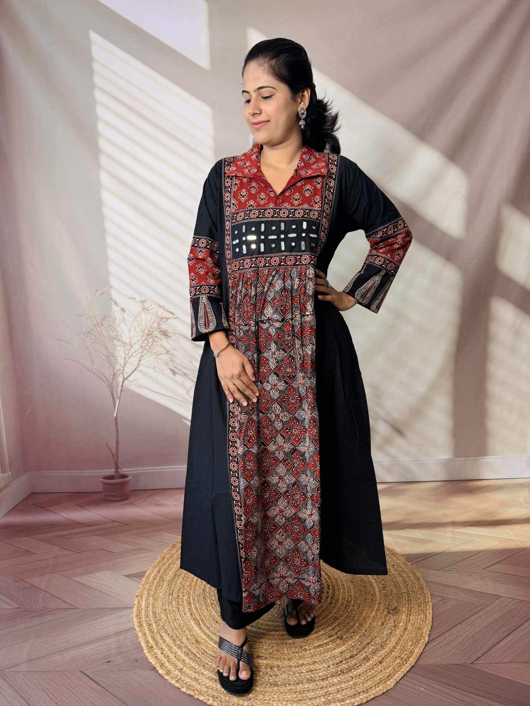 Riya Ajarakh Plain Mirror & Collar Cotton  Long Kurti/One Piece