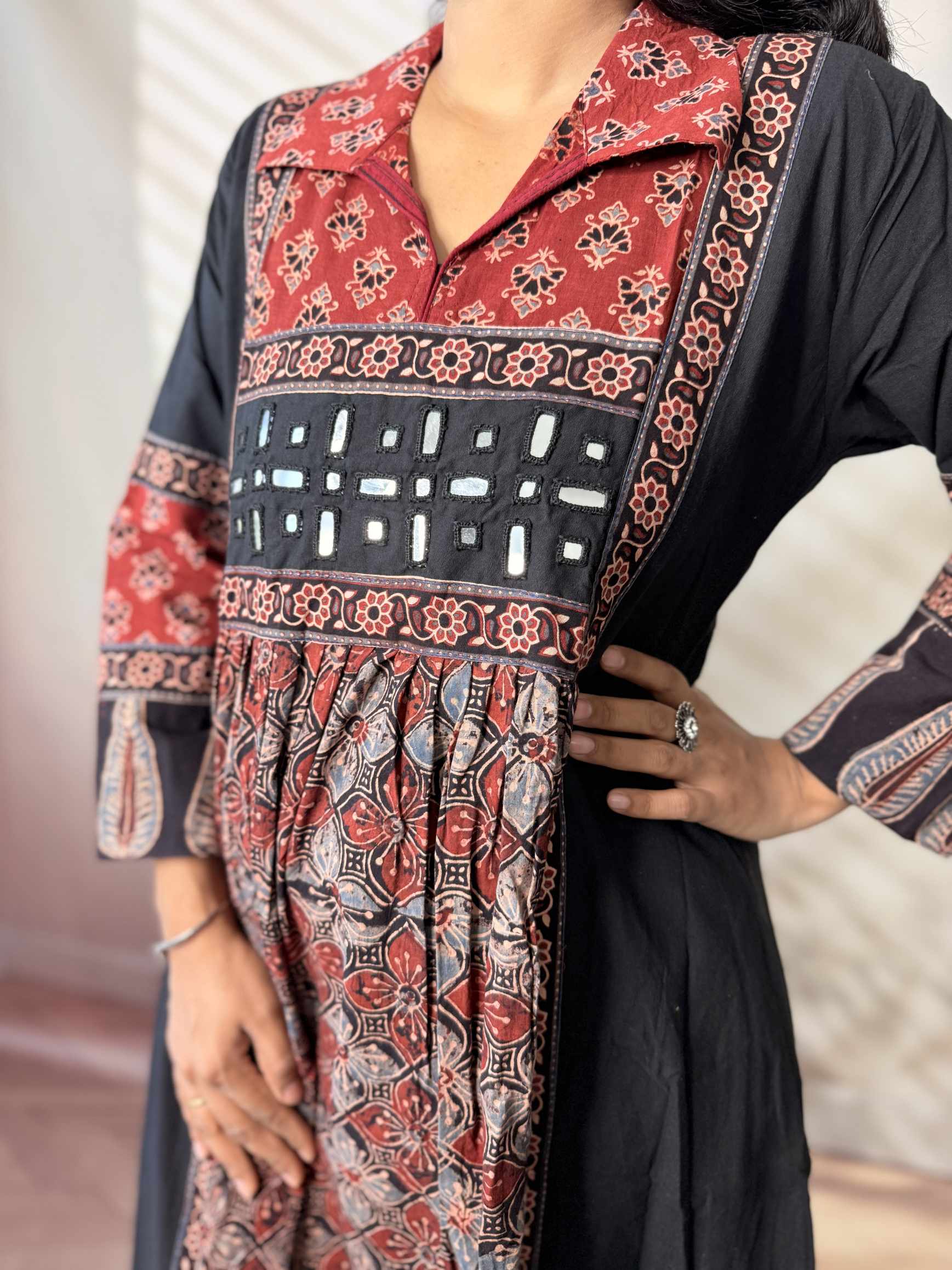 Riya Ajarakh Plain Mirror & Collar Cotton  Long Kurti/One Piece