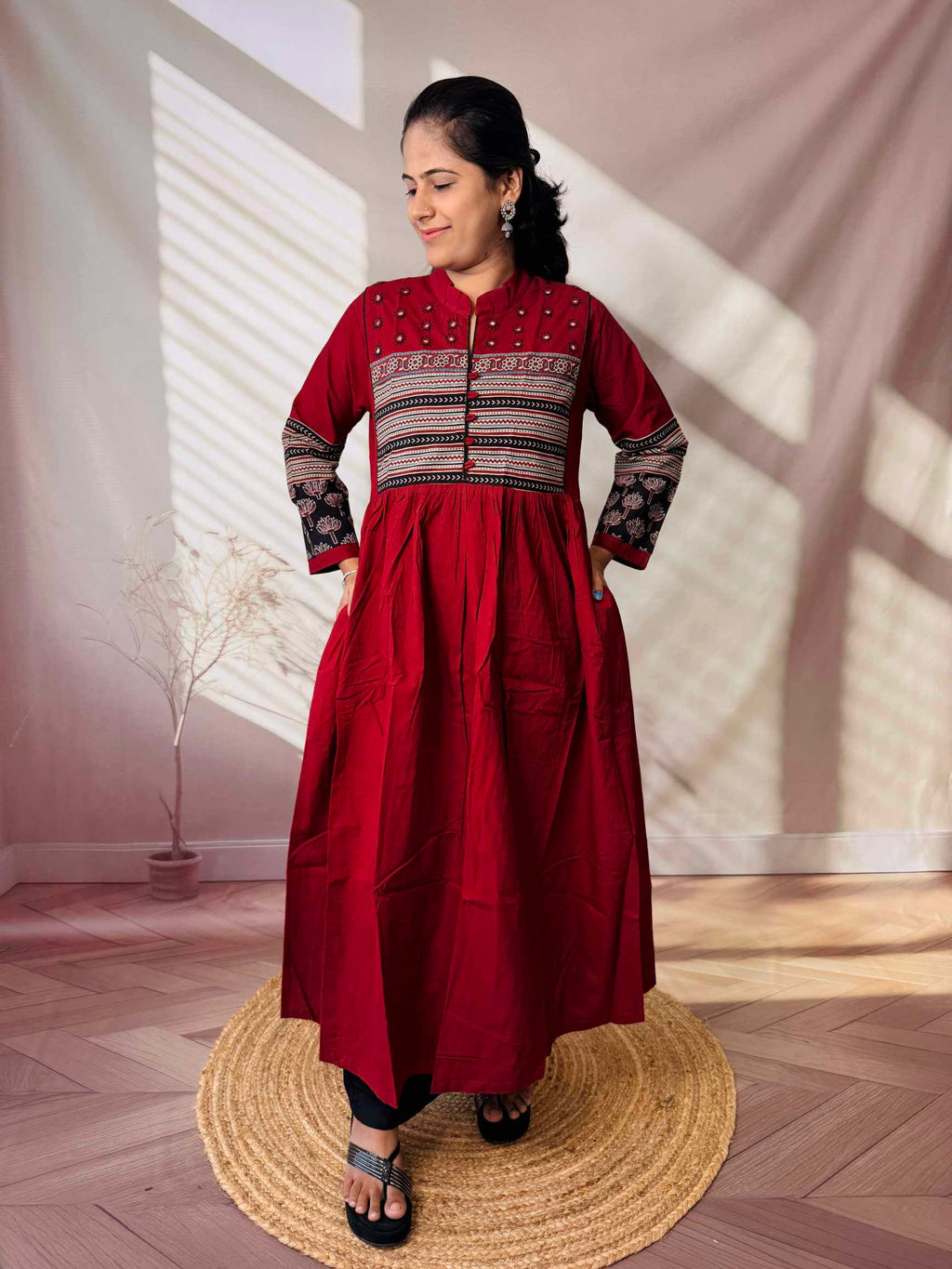 Reeva Ajarakh Plain Kutch Mirror Cotton Long Kurti/One Piece