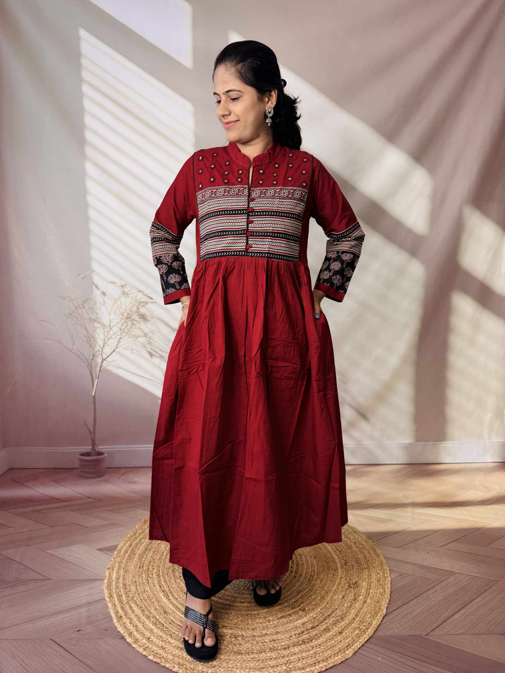 Reeva Ajarakh Plain Kutch Mirror Cotton Long Kurti/One Piece