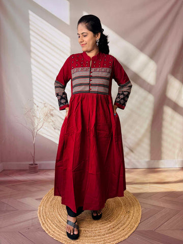 Reeva Ajarakh Plain Kutch Mirror Cotton Long Kurti/One Piece