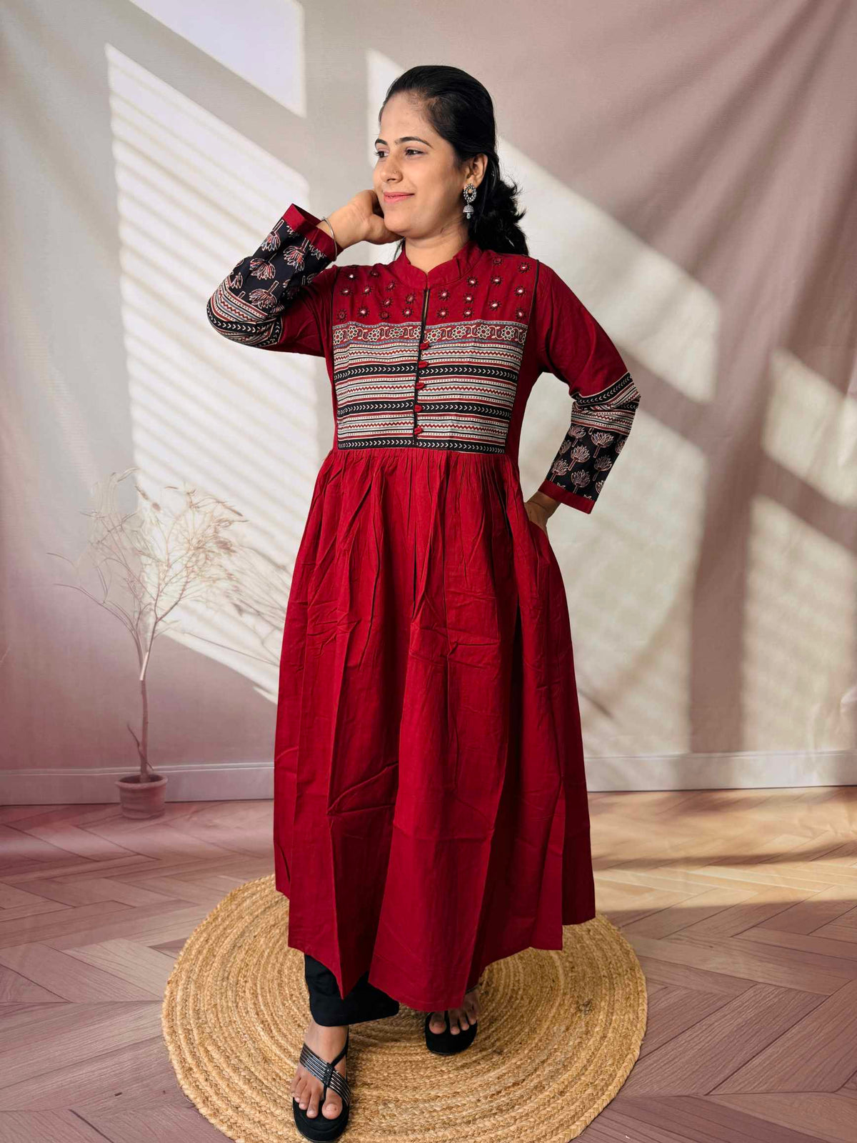 Reeva Ajarakh Plain Kutch Mirror Cotton Long Kurti/One Piece