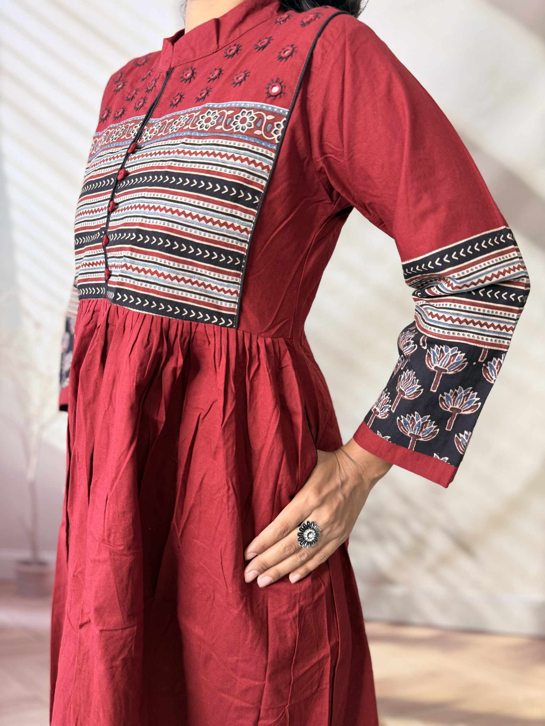 Reeva Ajarakh Plain Kutch Mirror Cotton Long Kurti/One Piece