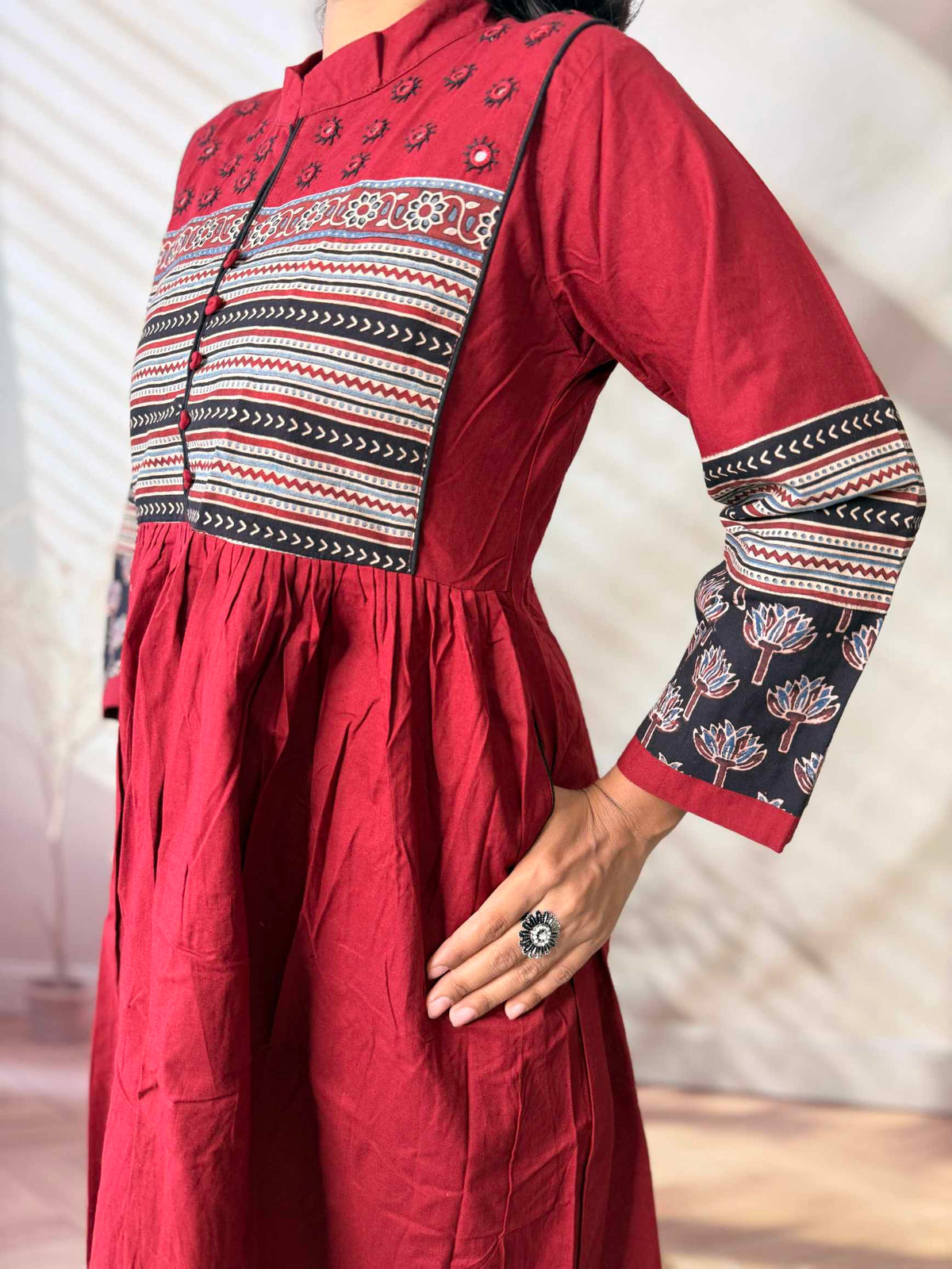 Reeva Ajarakh Plain Kutch Mirror Cotton Long Kurti/One Piece