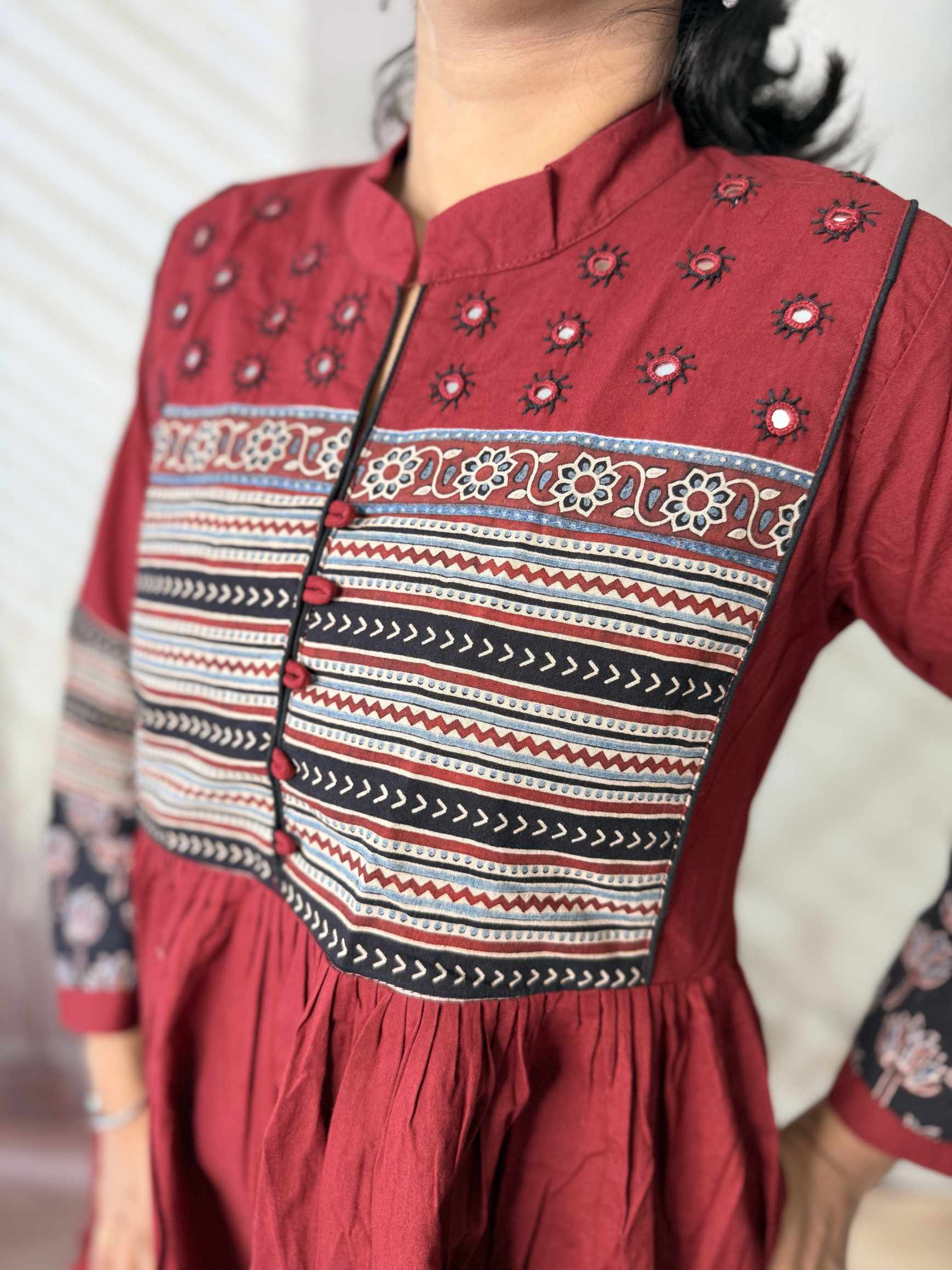 Reeva Ajarakh Plain Kutch Mirror Cotton Long Kurti/One Piece