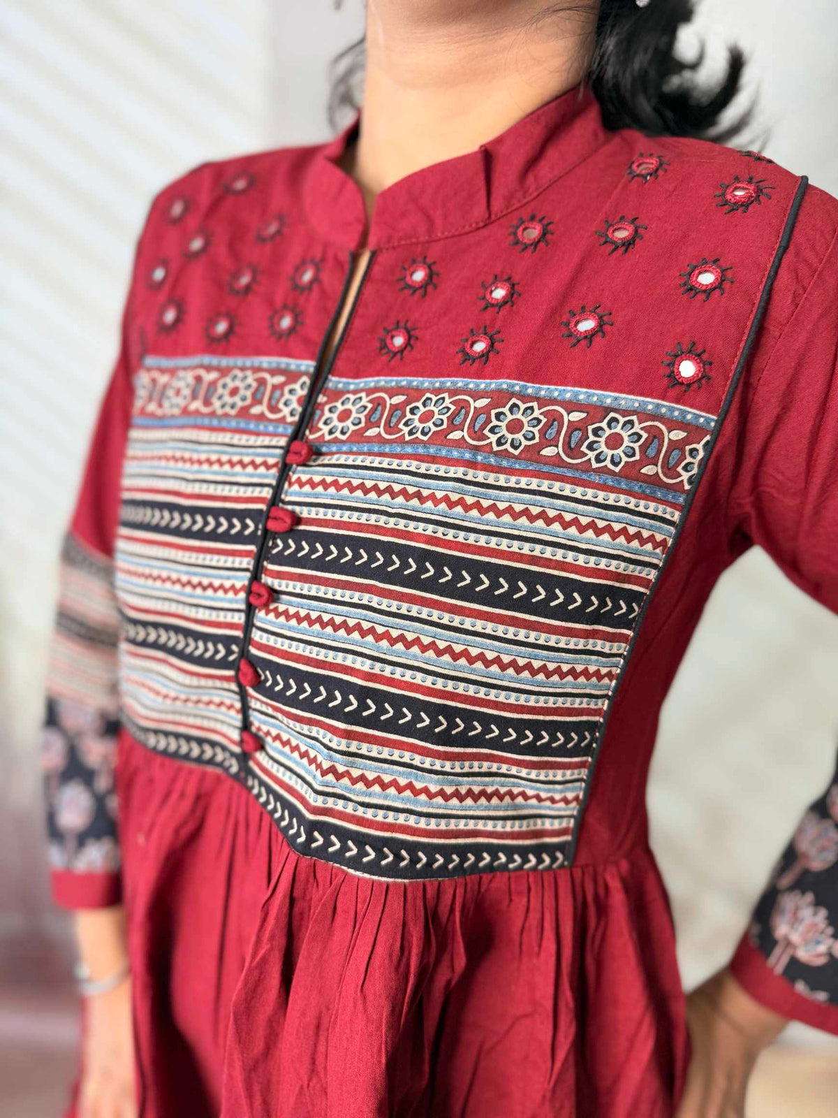 Reeva Ajarakh Plain Kutch Mirror Cotton Long Kurti/One Piece