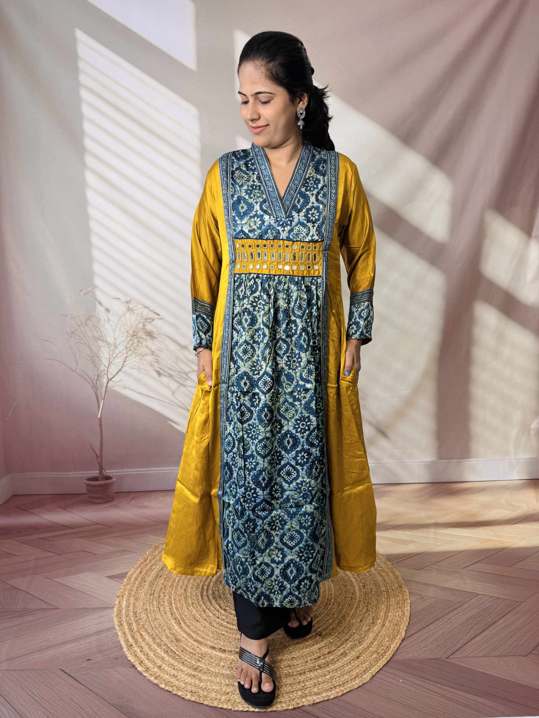 Ira Ajarakh Modal Silk Flap & Mirror Long  Kurti/One Piece