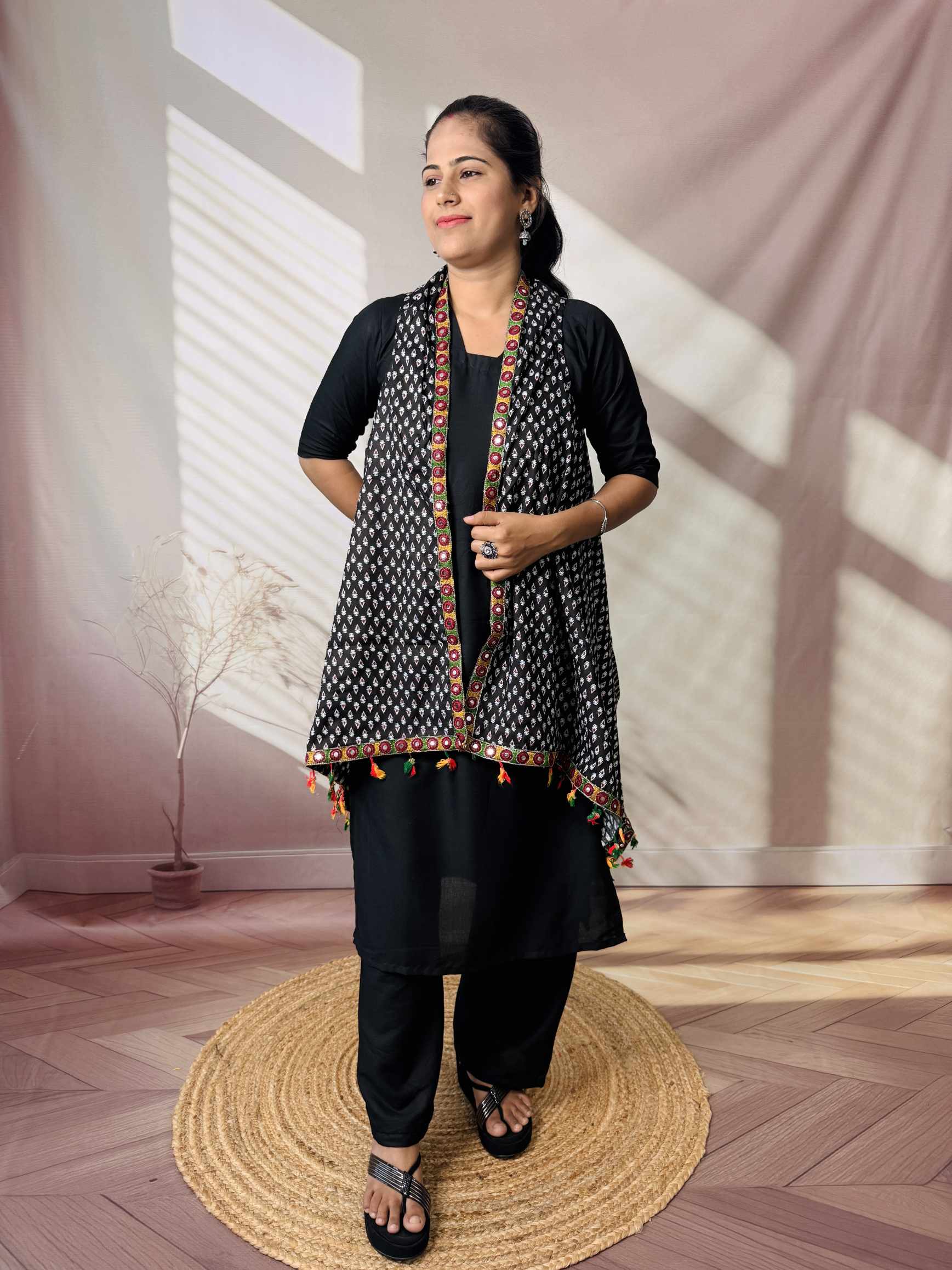 Ajarakh Soft Cotton Tassel Shrug