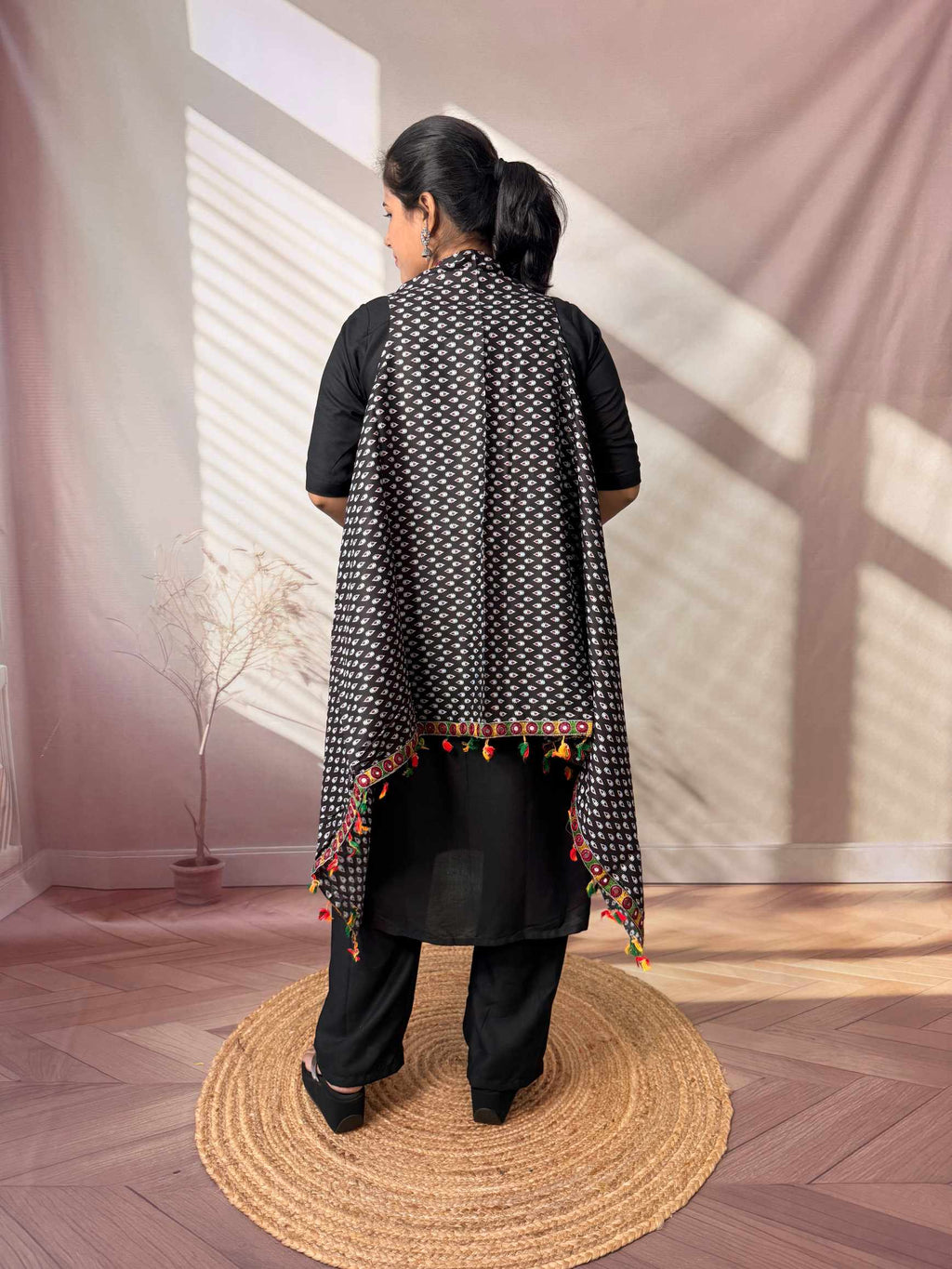 Ajarakh Soft Cotton Tassel Shrug