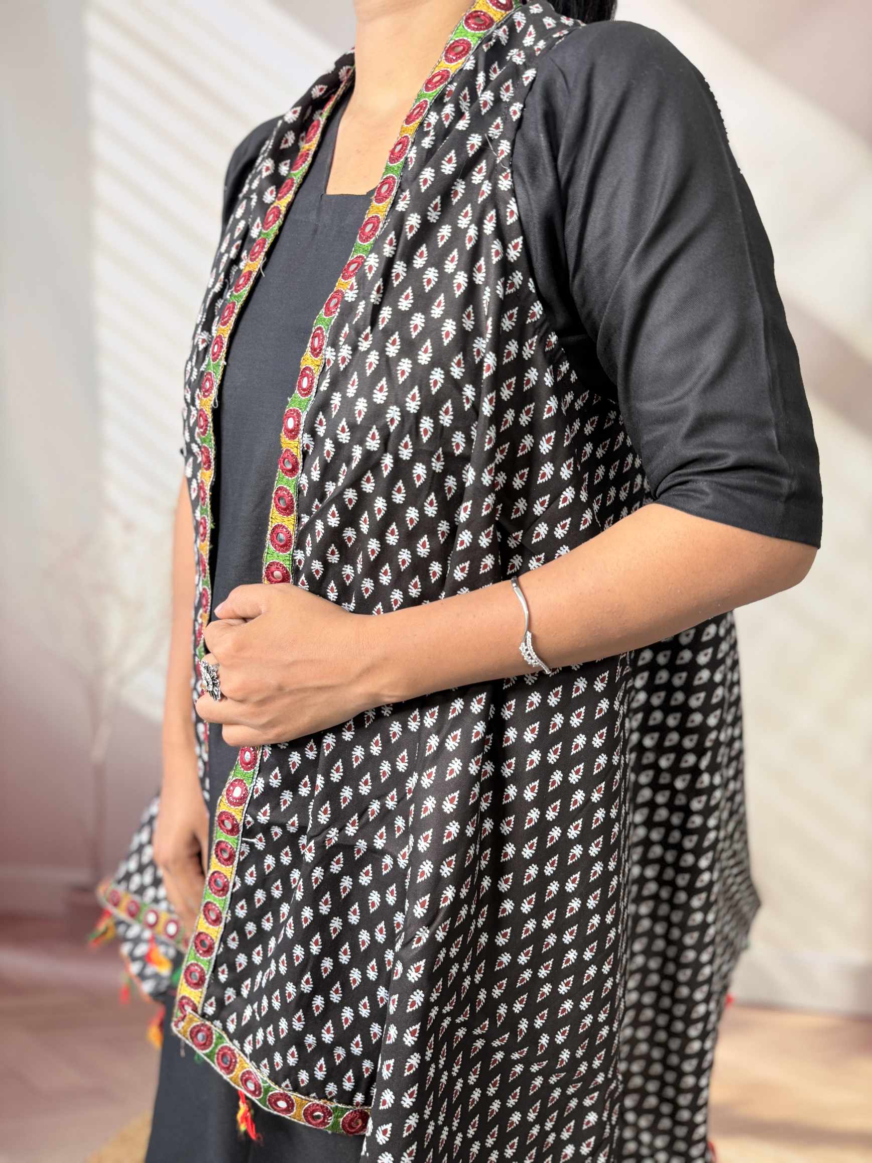 Ajarakh Soft Cotton Tassel Shrug