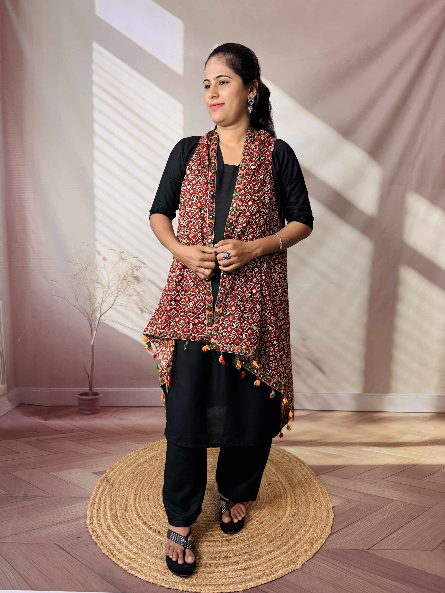 Ajarakh Soft Cotton Tassel Shrug