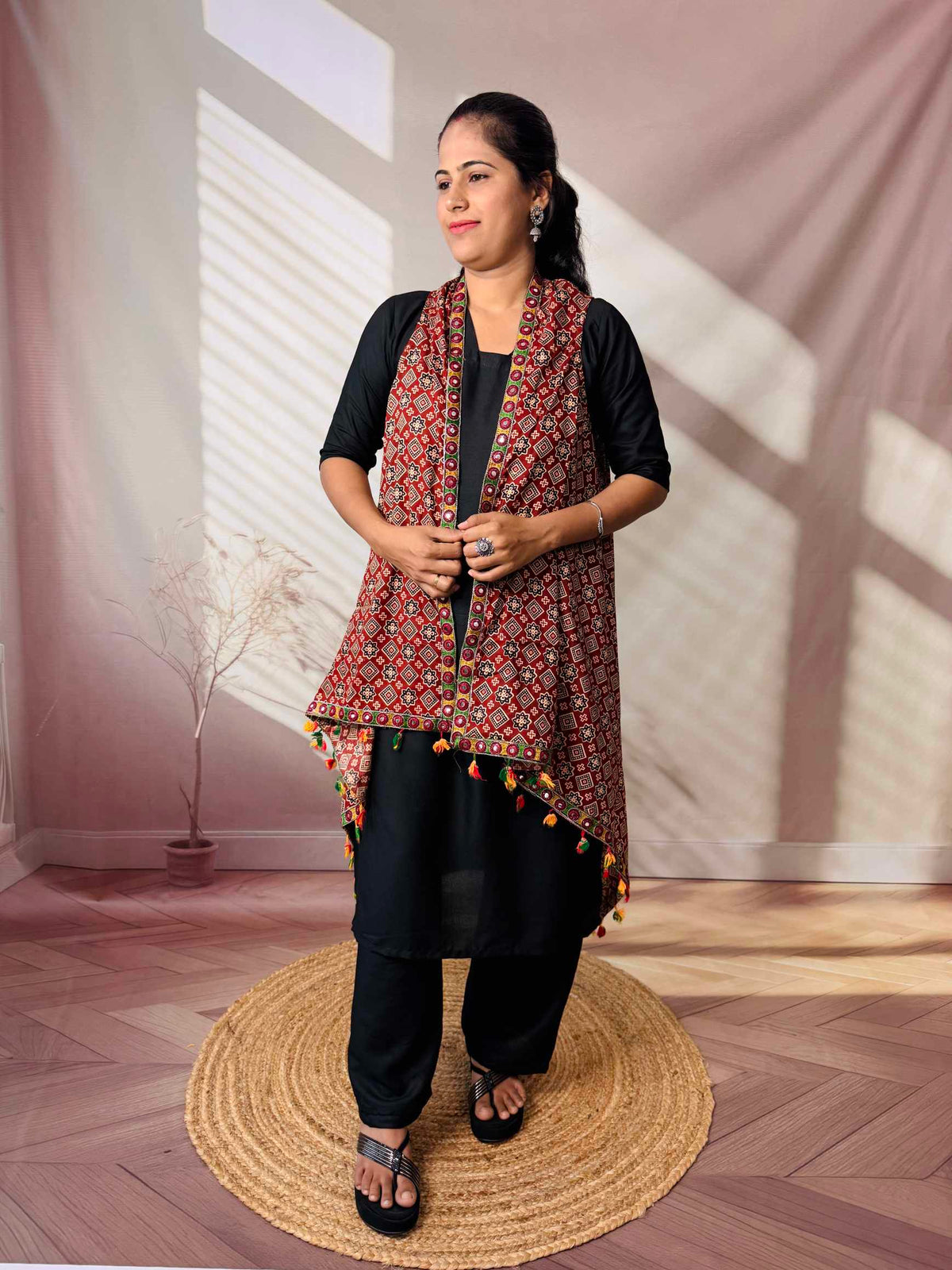 Ajarakh Soft Cotton Tassel Shrug