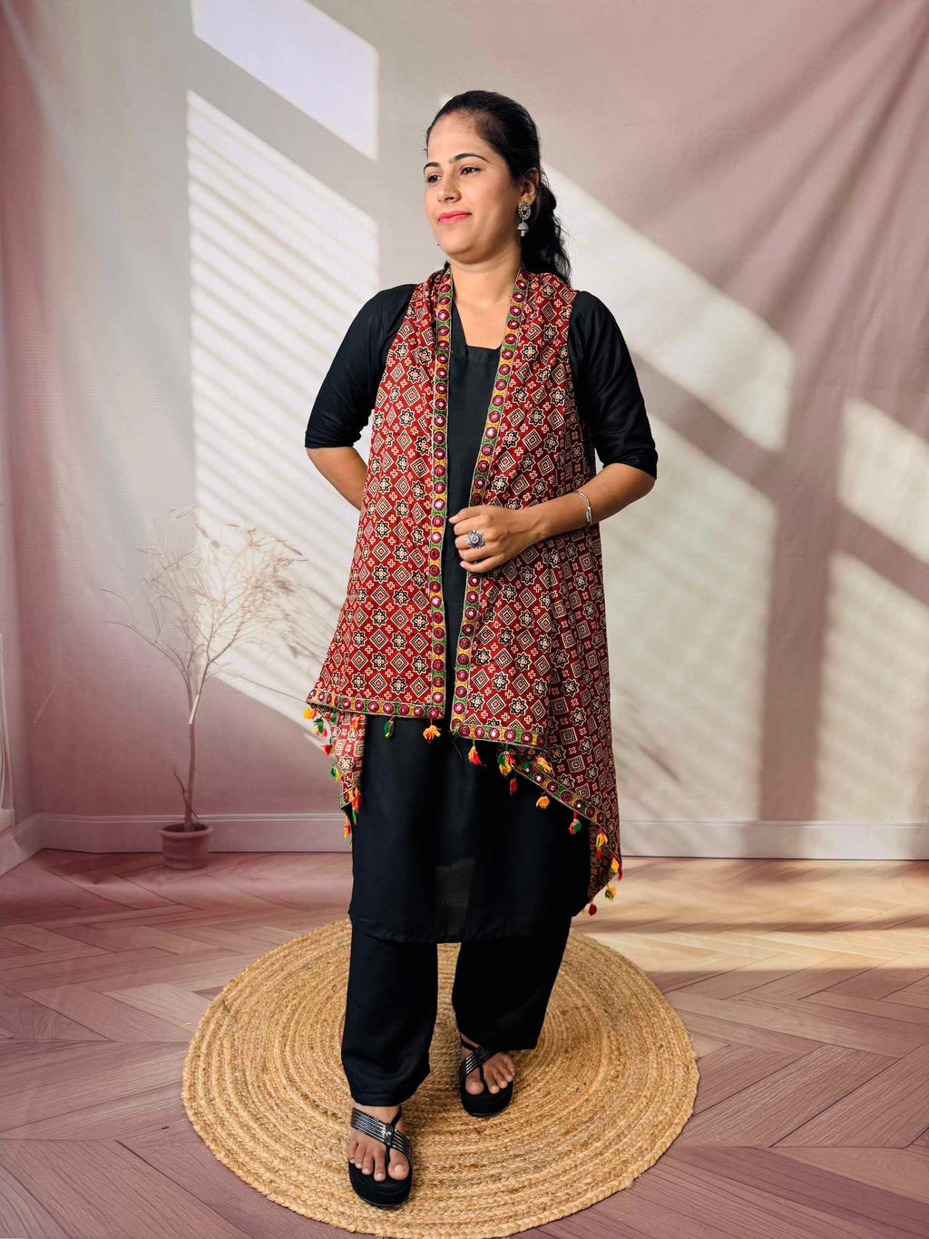 Ajarakh Soft Cotton Tassel Shrug