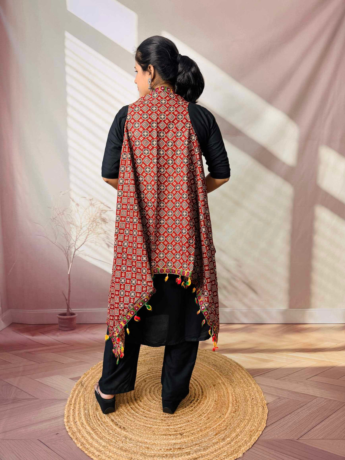 Ajarakh Soft Cotton Tassel Shrug