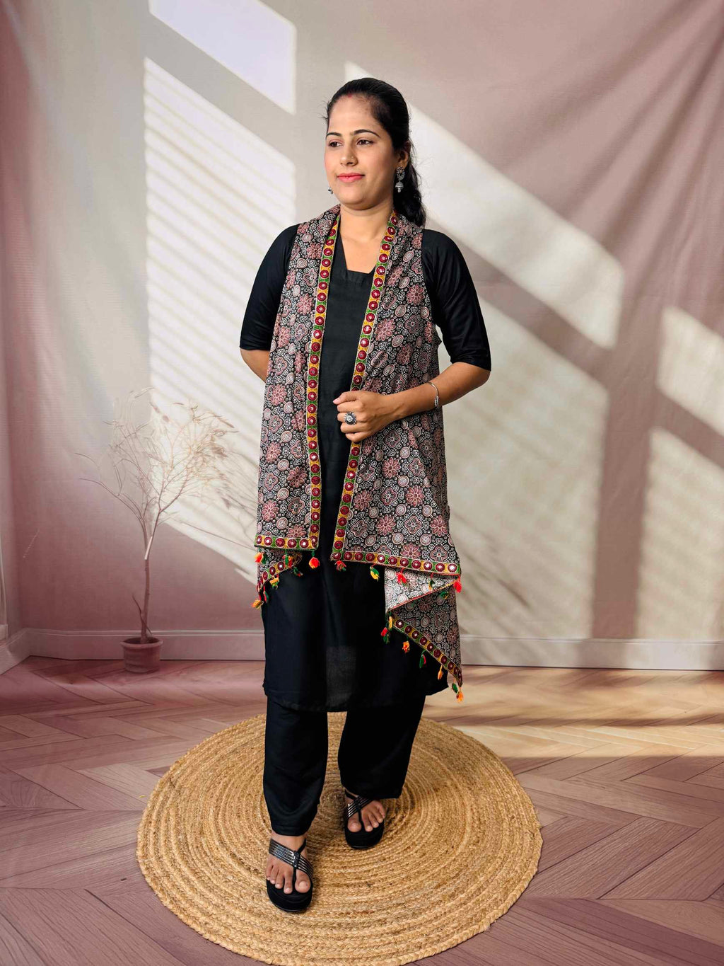 Ajarakh Soft Cotton Tassel Shrug