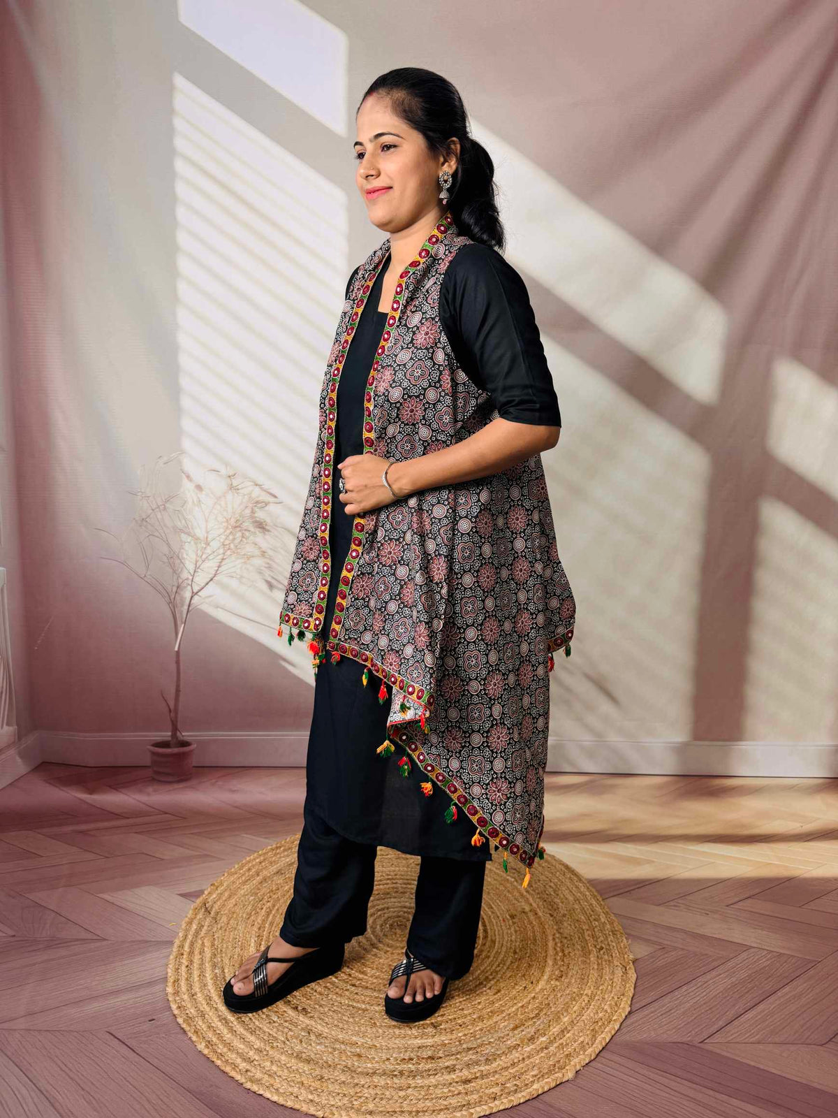 Ajarakh Soft Cotton Tassel Shrug