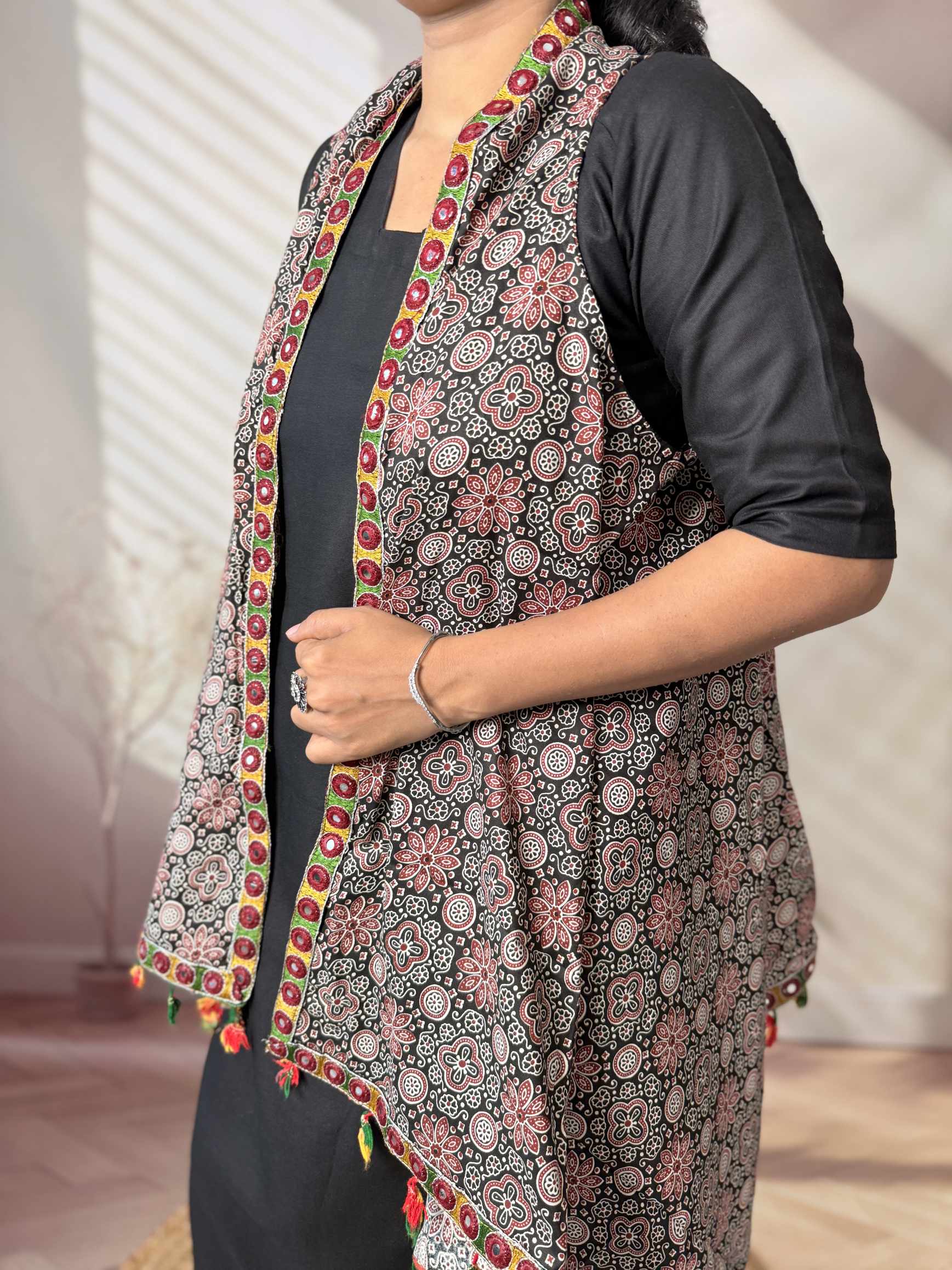 Ajarakh Soft Cotton Tassel Shrug