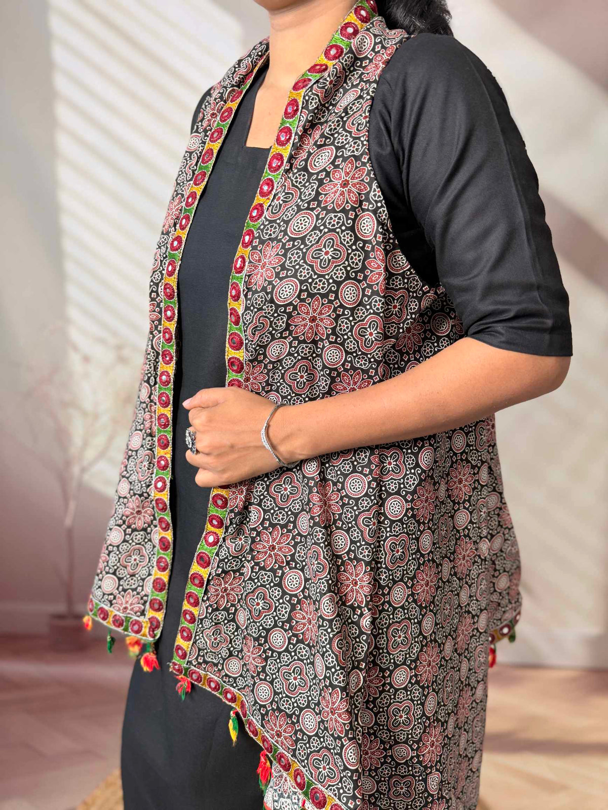 Ajarakh Soft Cotton Tassel Shrug