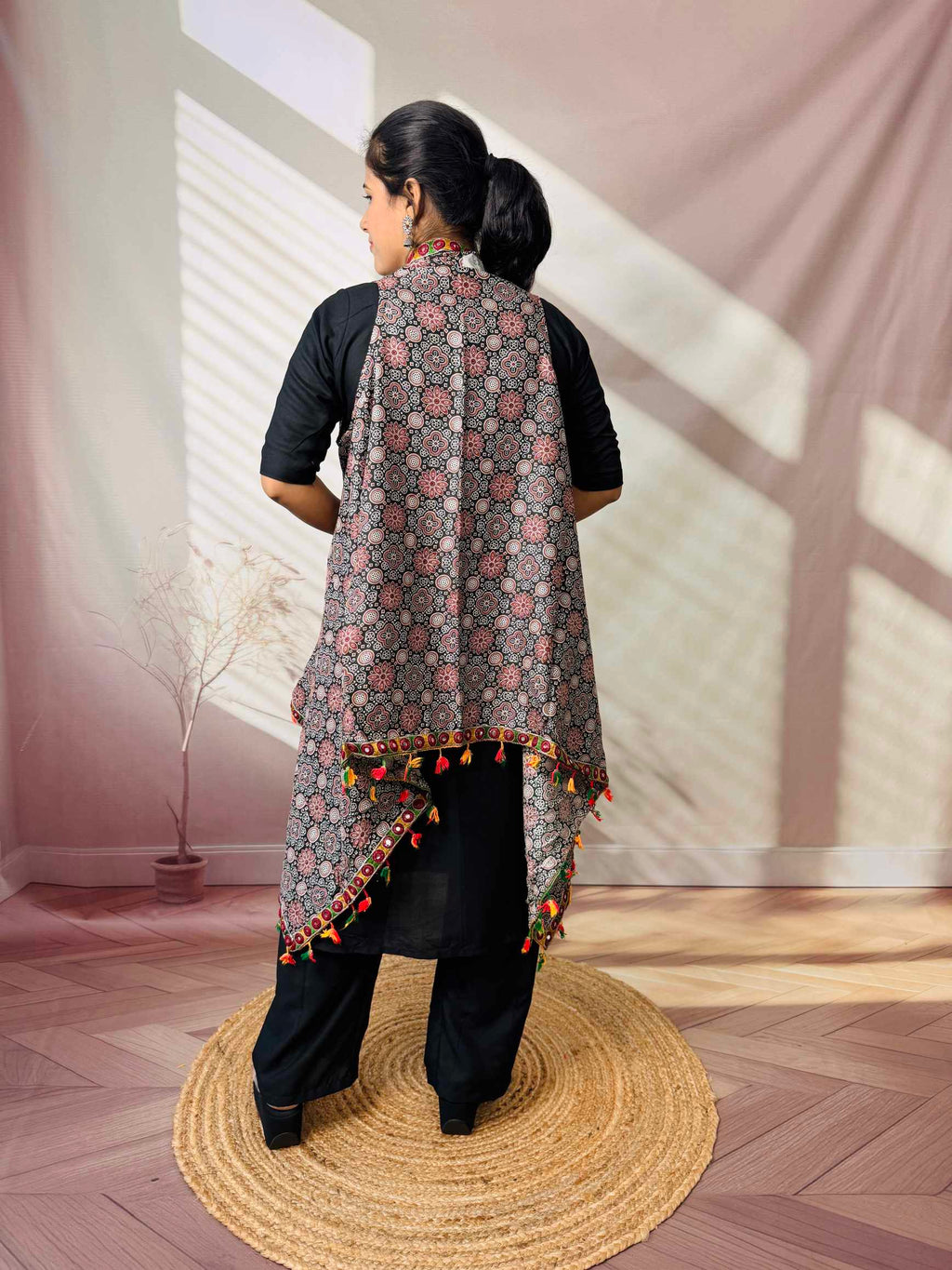 Ajarakh Soft Cotton Tassel Shrug